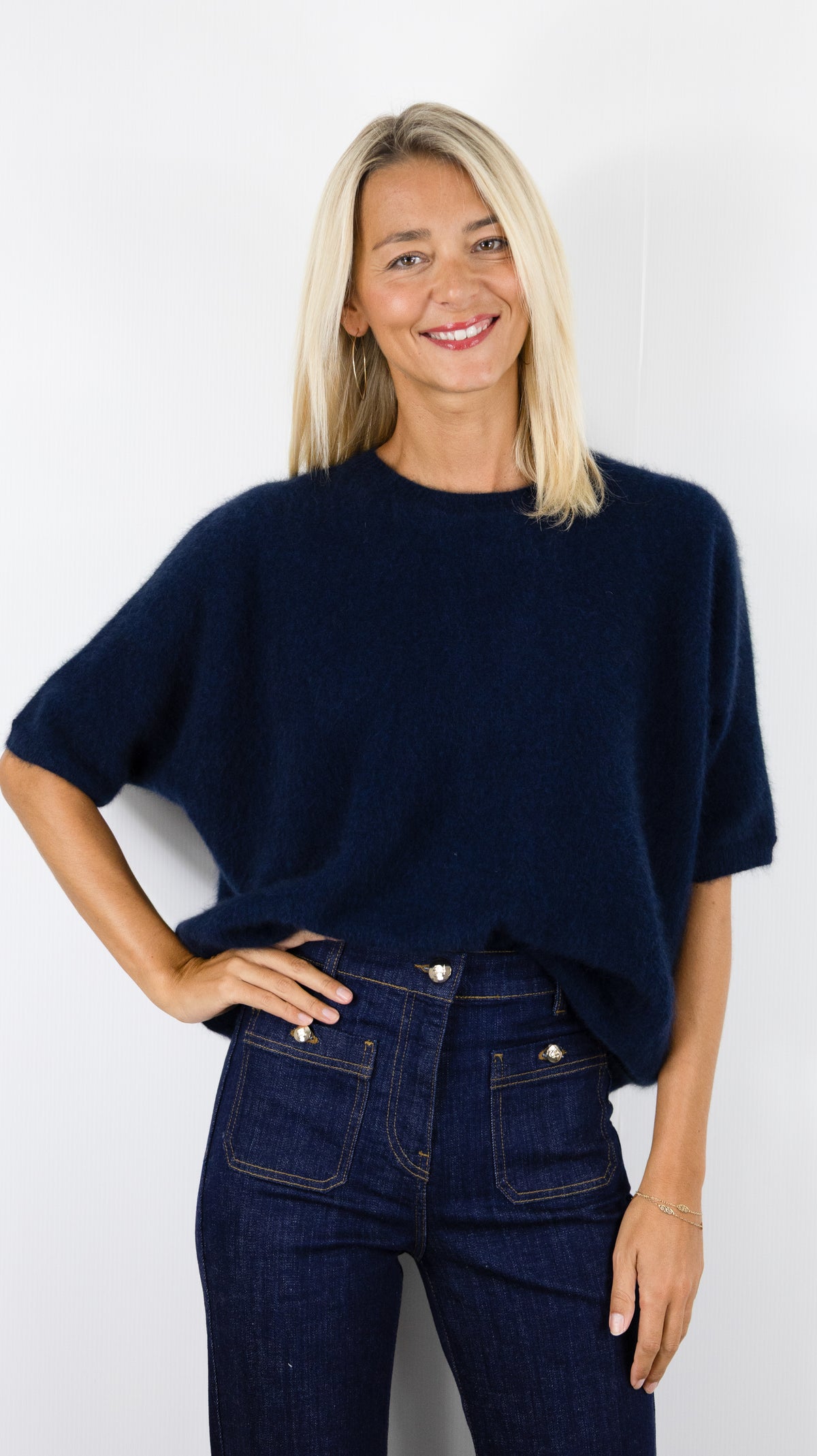 PULL AMPLE COL ROND MANCHES COURTES EN RACCOON POUR FEMME ESTHEME JF4W059R-1#COLOR_53370/NUIT MARINE