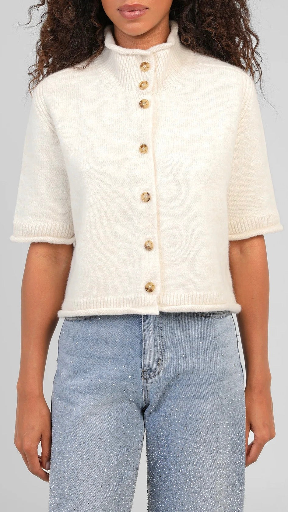 GILET COL MONTANT MANCHES COURTES POUR FEMME AN'GE LELYA#COLOR_ECRU