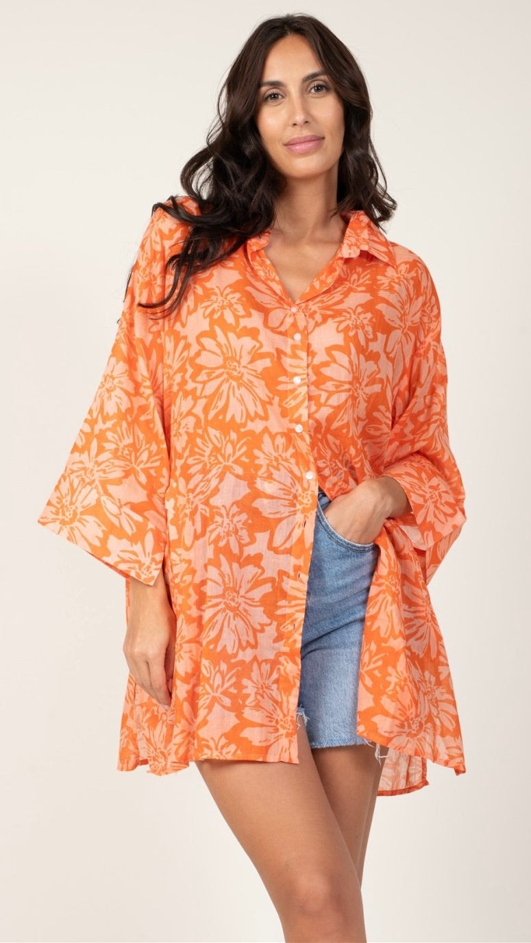CHEMISE AMPLE TUNIQUE IMPRIMEE EN COTON TERRE ROUGE SXPRO2#COLOR_5GG14/ORANGE SUNSET