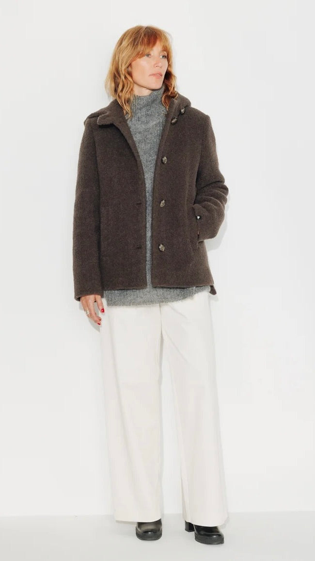 MANTEAU COURT A CAPUCHE EN LAINE POUR FEMME TRENCH AND COAT CORMOZ2#COLOR_48/CHOCO