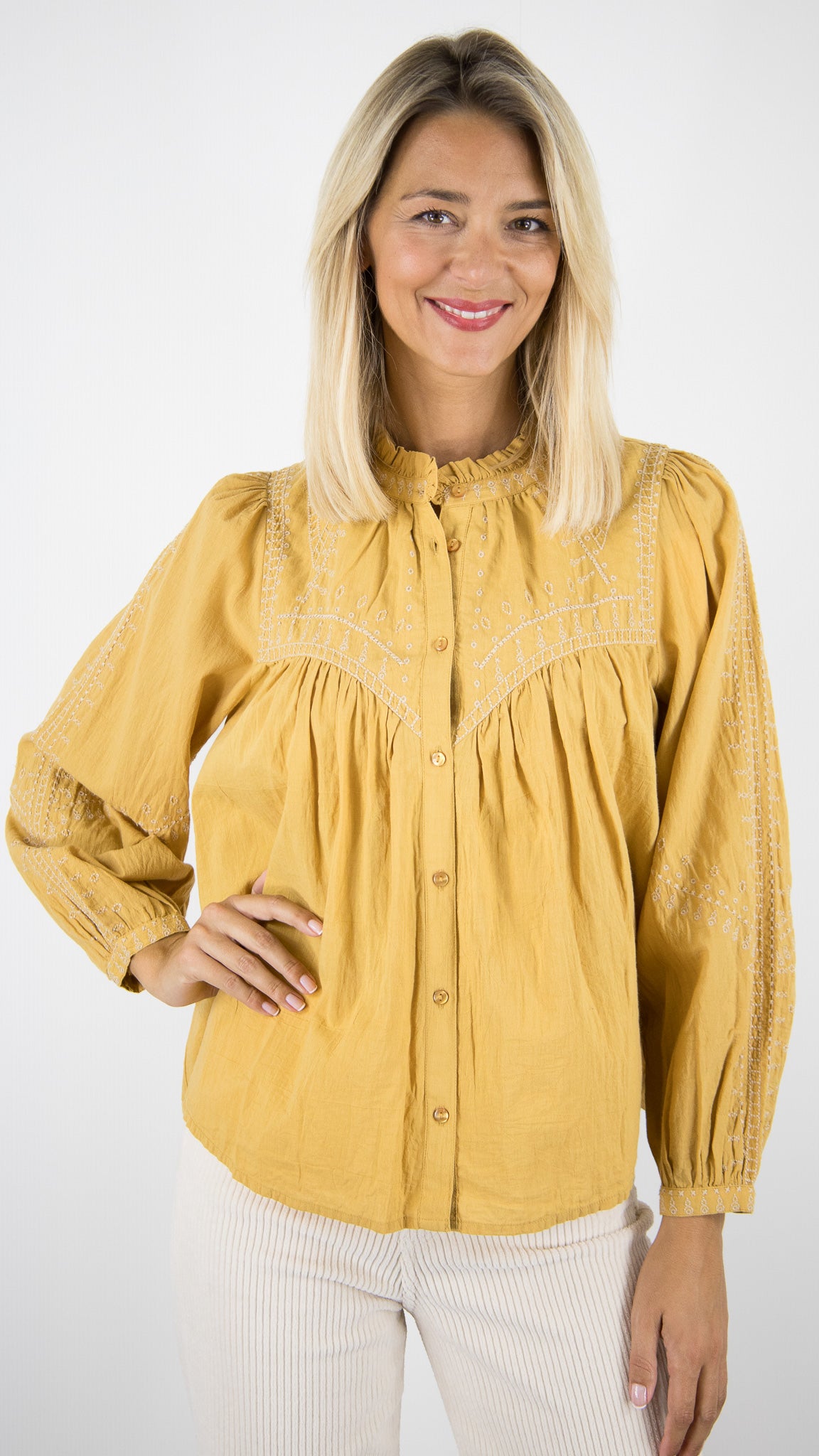 BLOUSE BRODEE EN COTON BA&SH#COLOR_SABLE/SAFRAN
