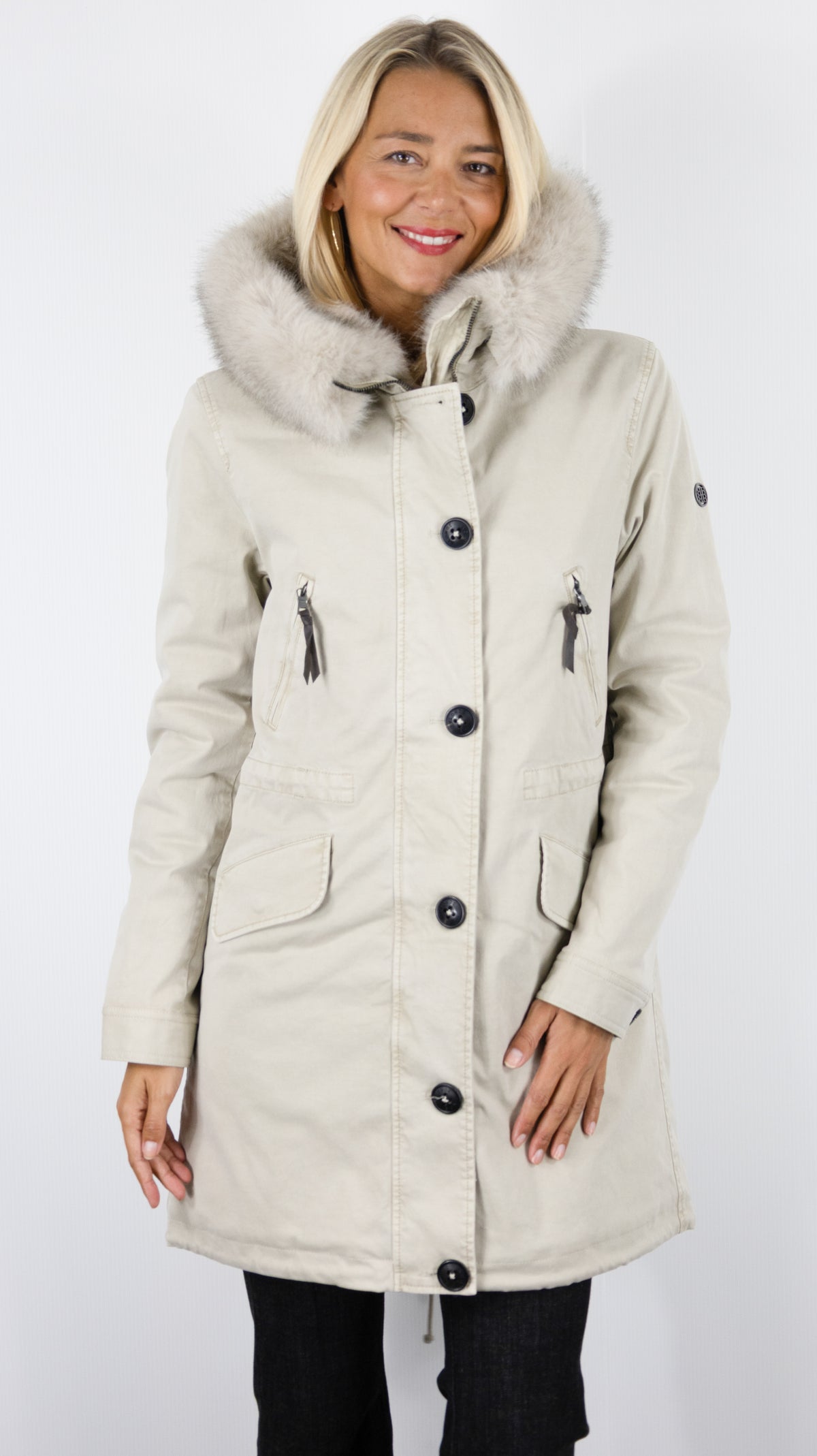 PARKA FEMME AVEC CAPUCHE EN FAUSSE FOURRURE ECRU BLONDE N°8 ASPEN 316