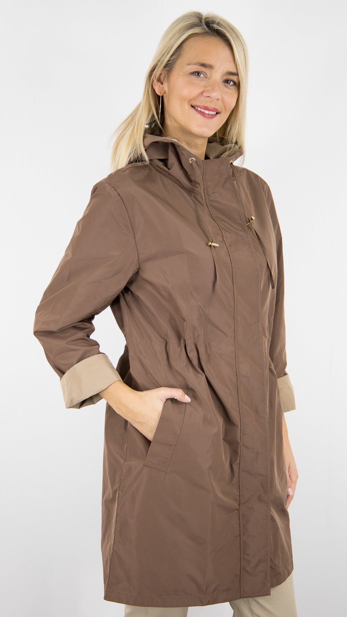PARKA IMPER A CAPUCHE REVERSIBLE POUR FEMME CAMEL ET CHOCO GERARD DAREL JANNIS