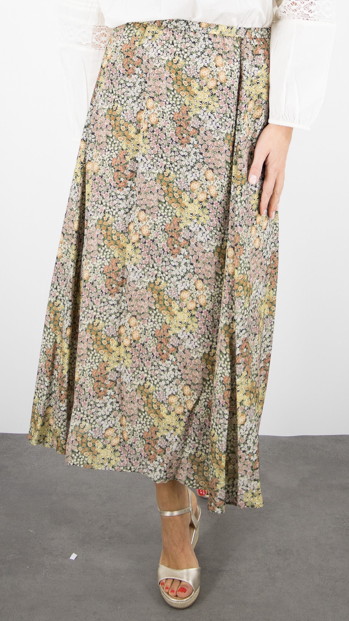 JUPE D'ETE LONGUE FLUIDE IMPRIME A FLEURS KAKI ROSE GERARD DAREL JASMYNE