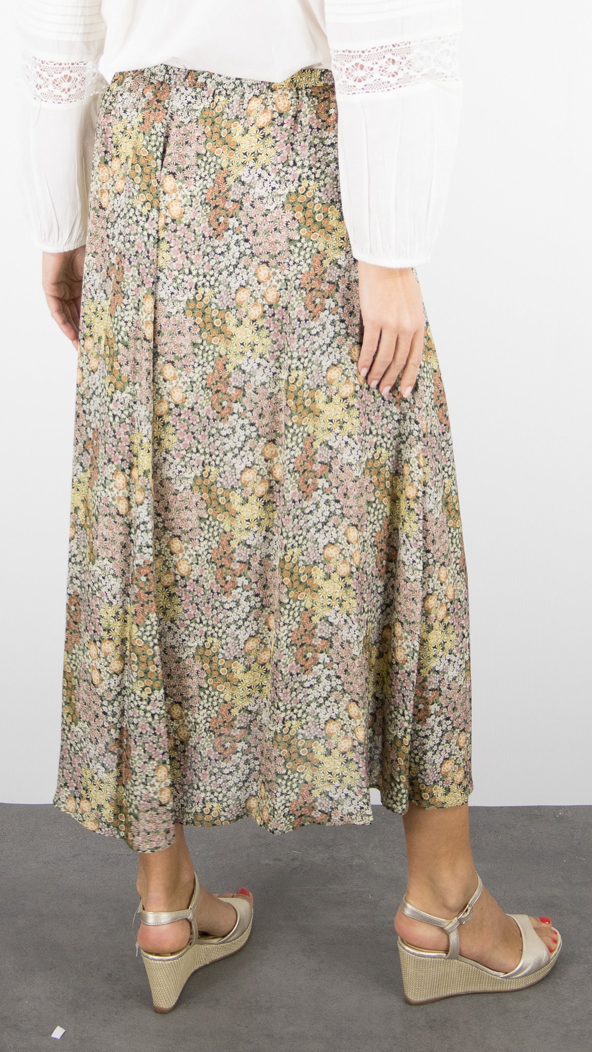JUPE D'ETE LONGUE FLUIDE IMPRIME A FLEURS KAKI ROSE GERARD DAREL JASMYNE