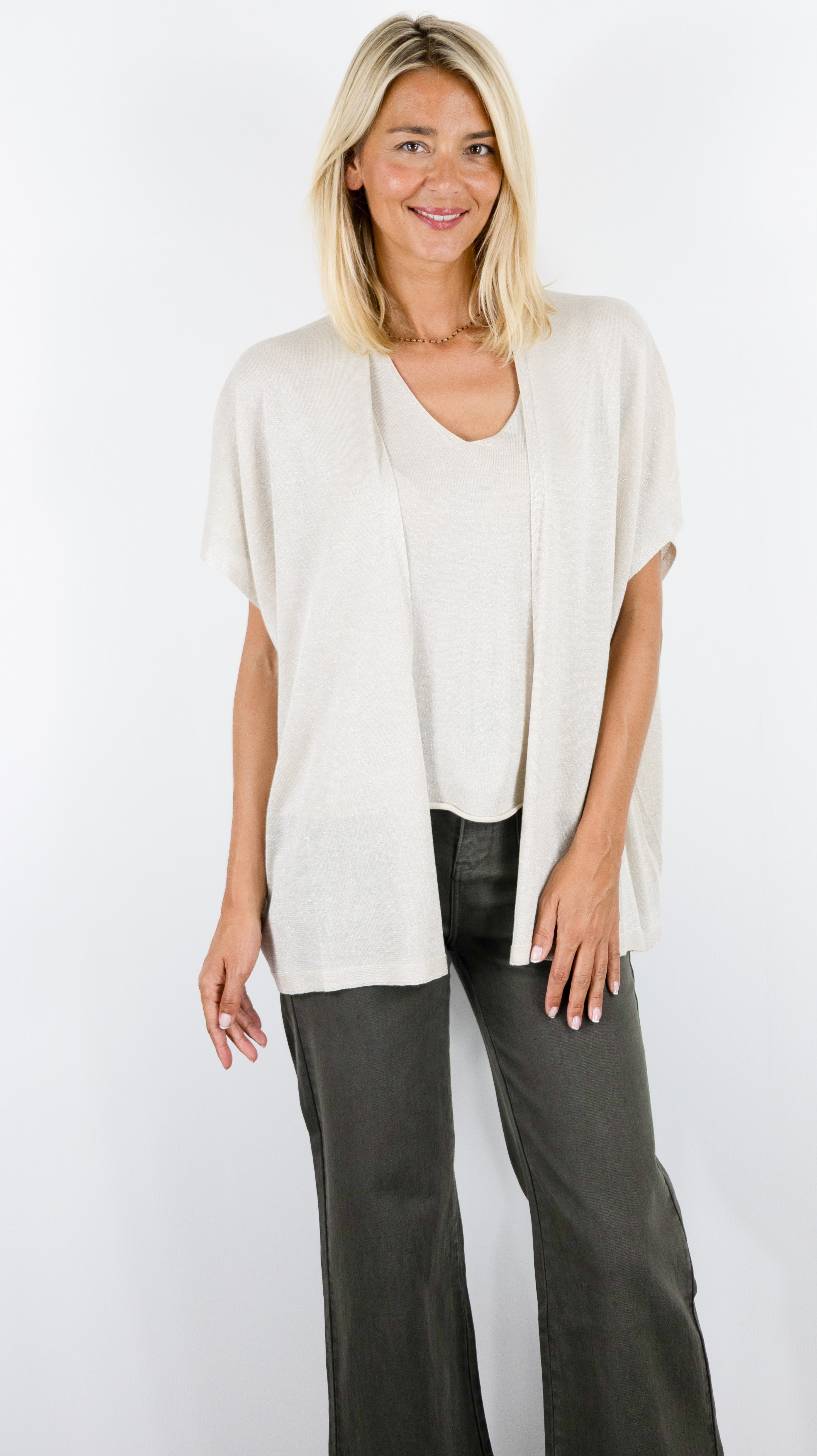 GILET AMPLE MANCHES COURTES MAILLE LUREX POUR FEMME ATELIER DE MILA 8107##COLOR_BEIGE