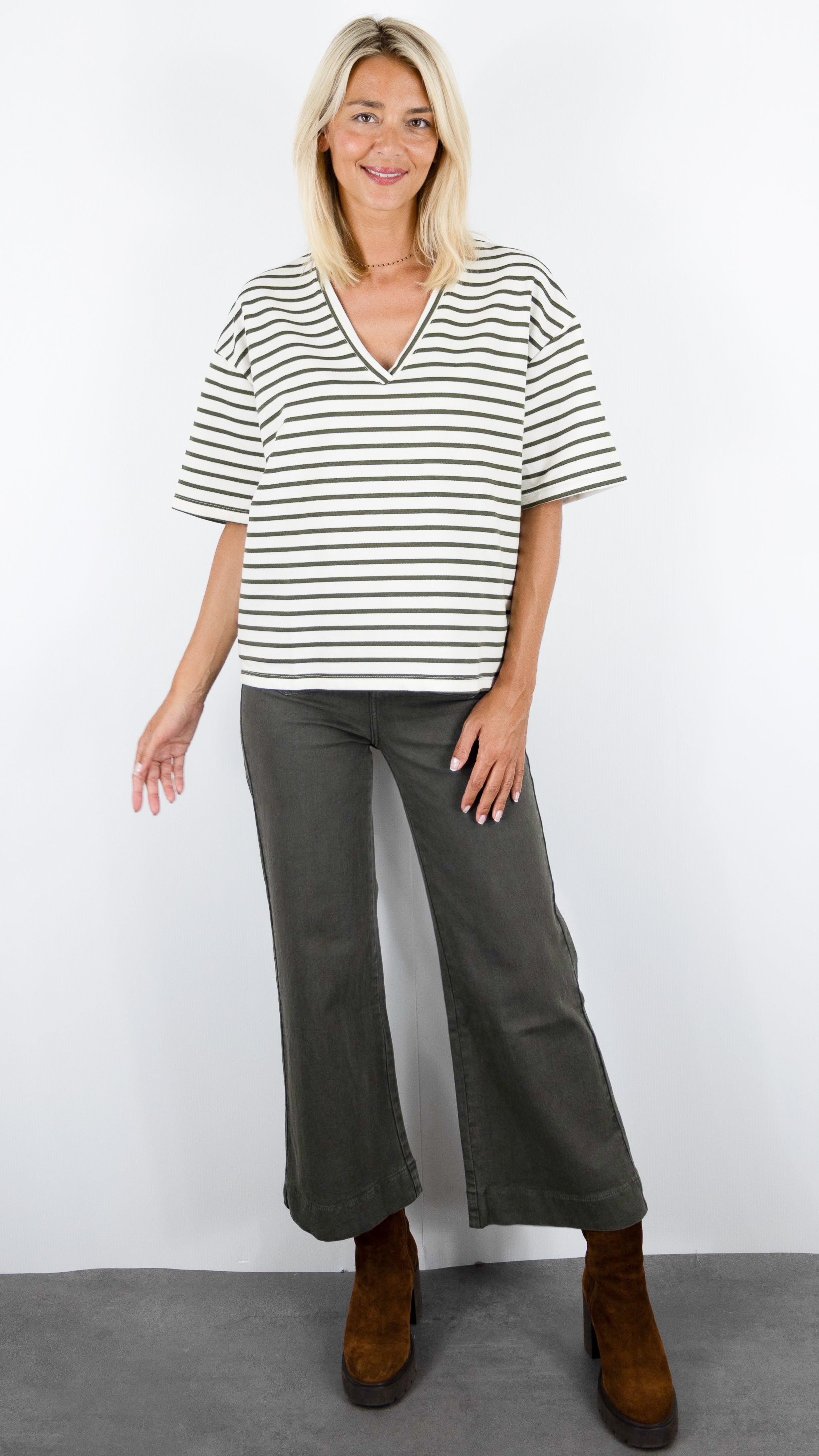 TEE-SHIRT AMPLE MANCHES COURTES RAYE KAKI POUR FEMME LUK AP LK5022-VTM1#COLOR_KAKI
