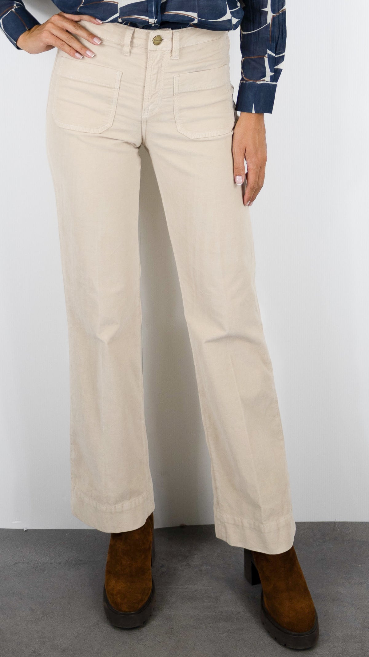 PANTALON LONG EVASE EN VELOURS POUR FEMME DENIM STUDIO JOSH PALATINE CORD#COLOR_CREME/SABLE