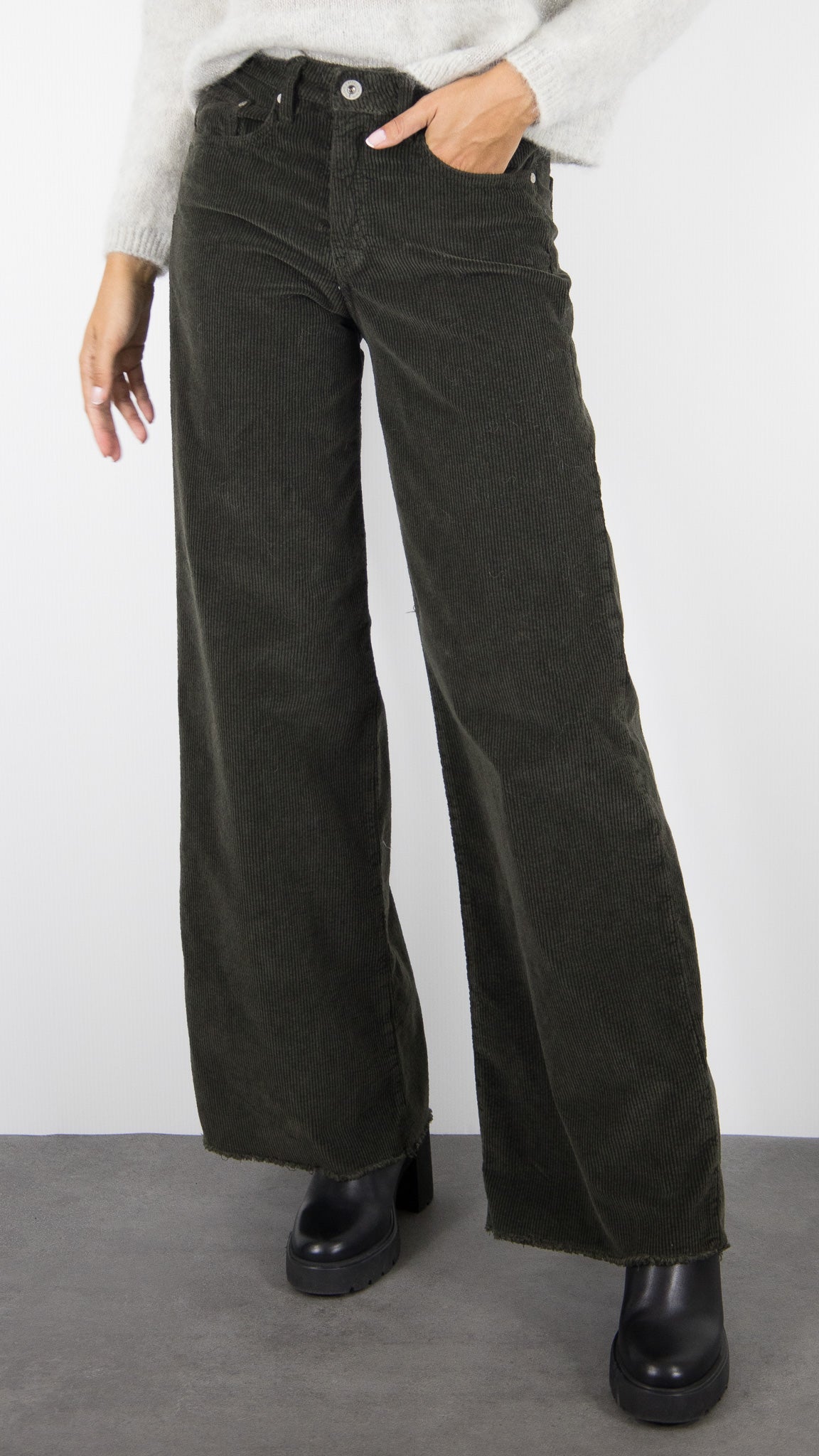 PANTALON LARGE EN VELOURS TAILLE HAUTE BAS FRANGE FEMME ARMY KAKI DENIM STUDIO JUDE ORIGINAL CORD