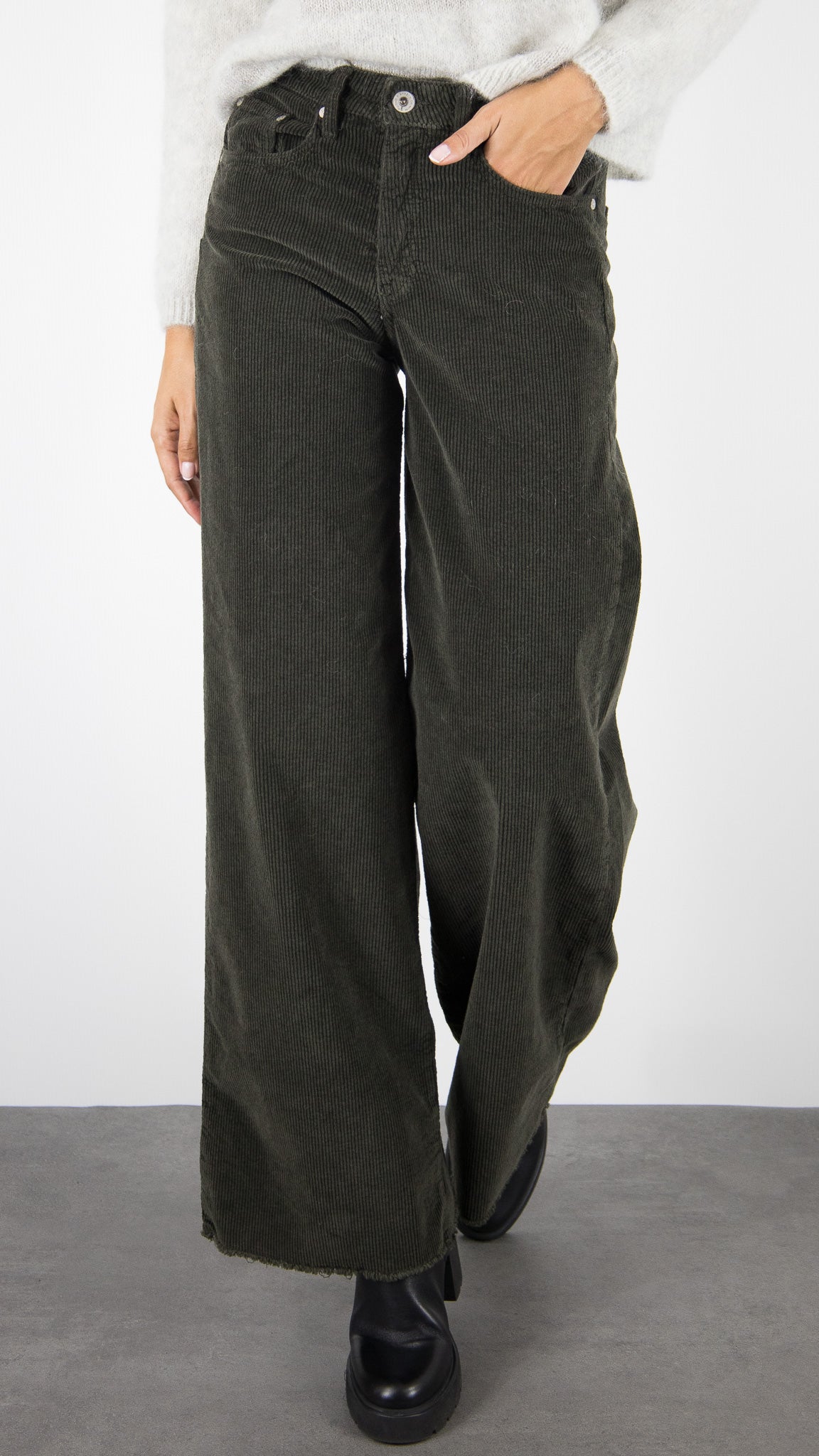 PANTALON LARGE EN VELOURS TAILLE HAUTE BAS FRANGE FEMME ARMY KAKI DENIM STUDIO JUDE ORIGINAL CORD