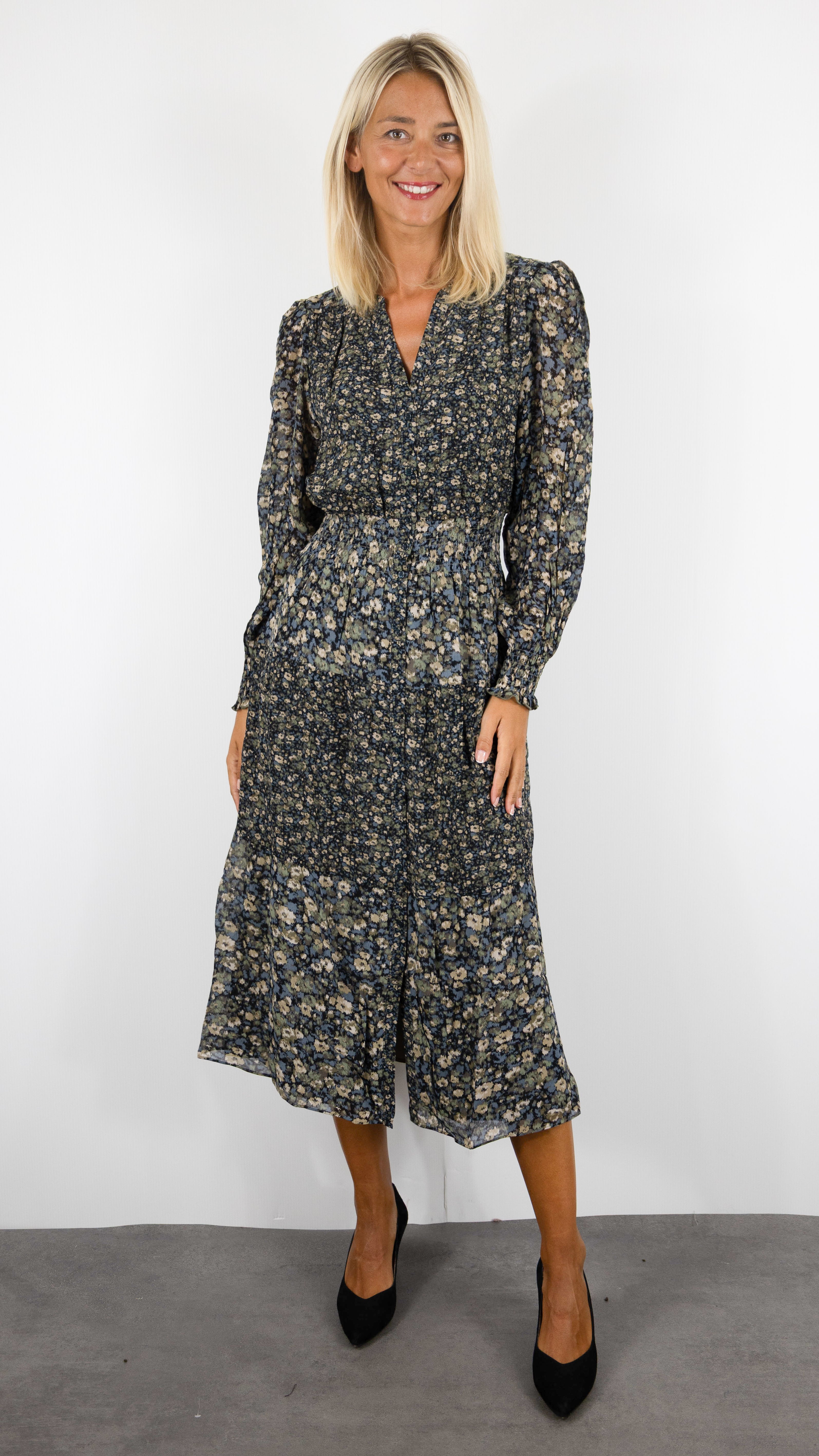 ROBE LONGUE COL V FLEURIE POUR FEMME BA&SH KACY#COLOR_KAKI