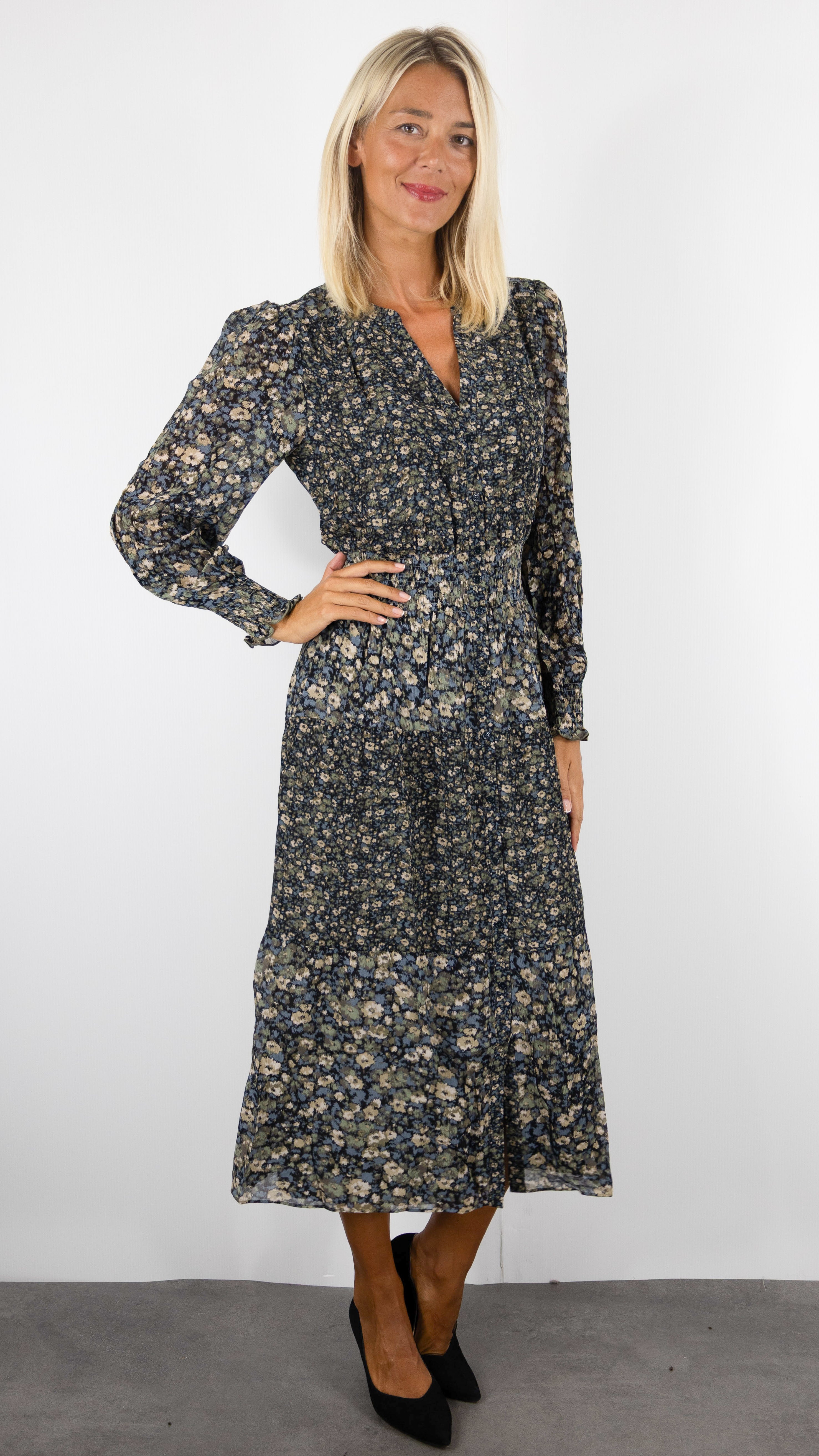 ROBE LONGUE COL V FLEURIE POUR FEMME BA&SH KACY#COLOR_KAKI