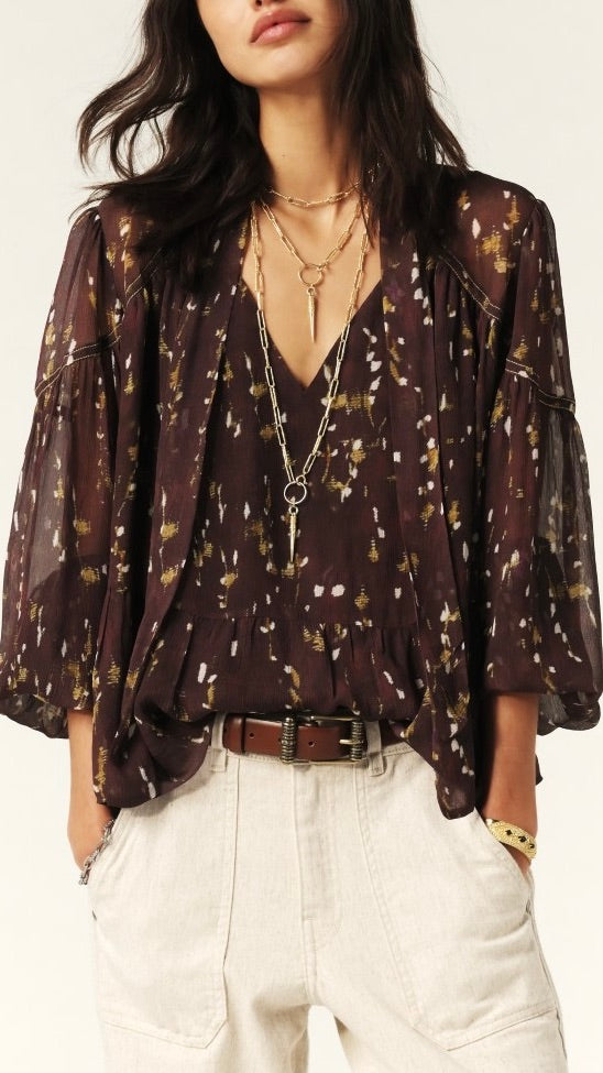 BLOUSE NOUETTE FLUIDE IMPRIME PLUMETIS CHOCOLAT BA&SH KAMALA 
