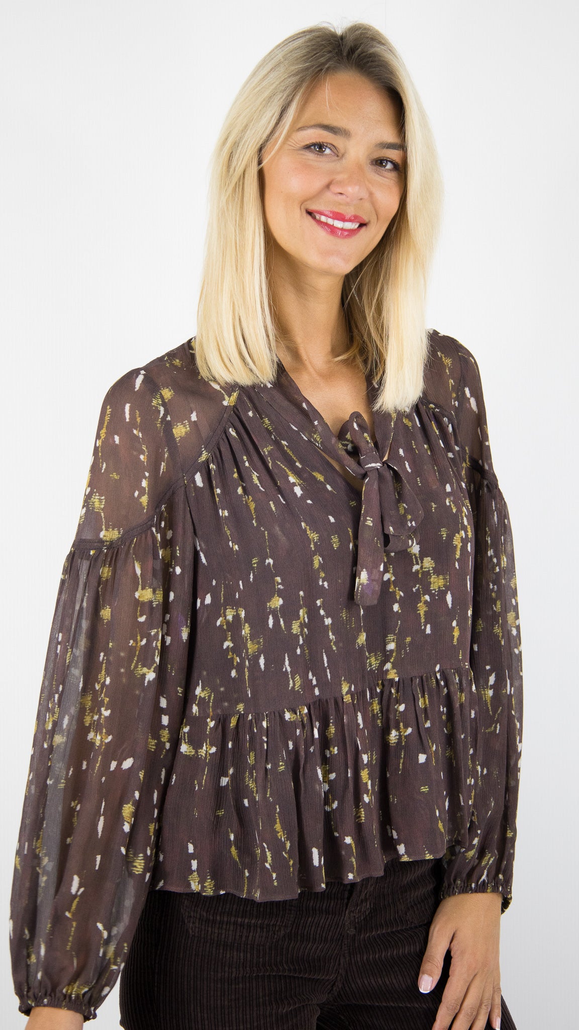 BLOUSE NOUETTE FLUIDE IMPRIME PLUMETIS CHOCOLAT BA&SH KAMALA 