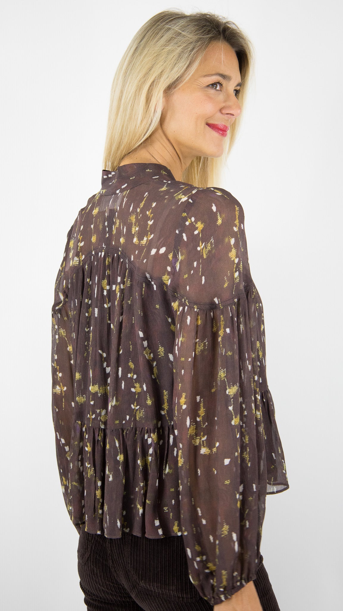 BLOUSE NOUETTE FLUIDE IMPRIME PLUMETIS CHOCOLAT BA&SH KAMALA 