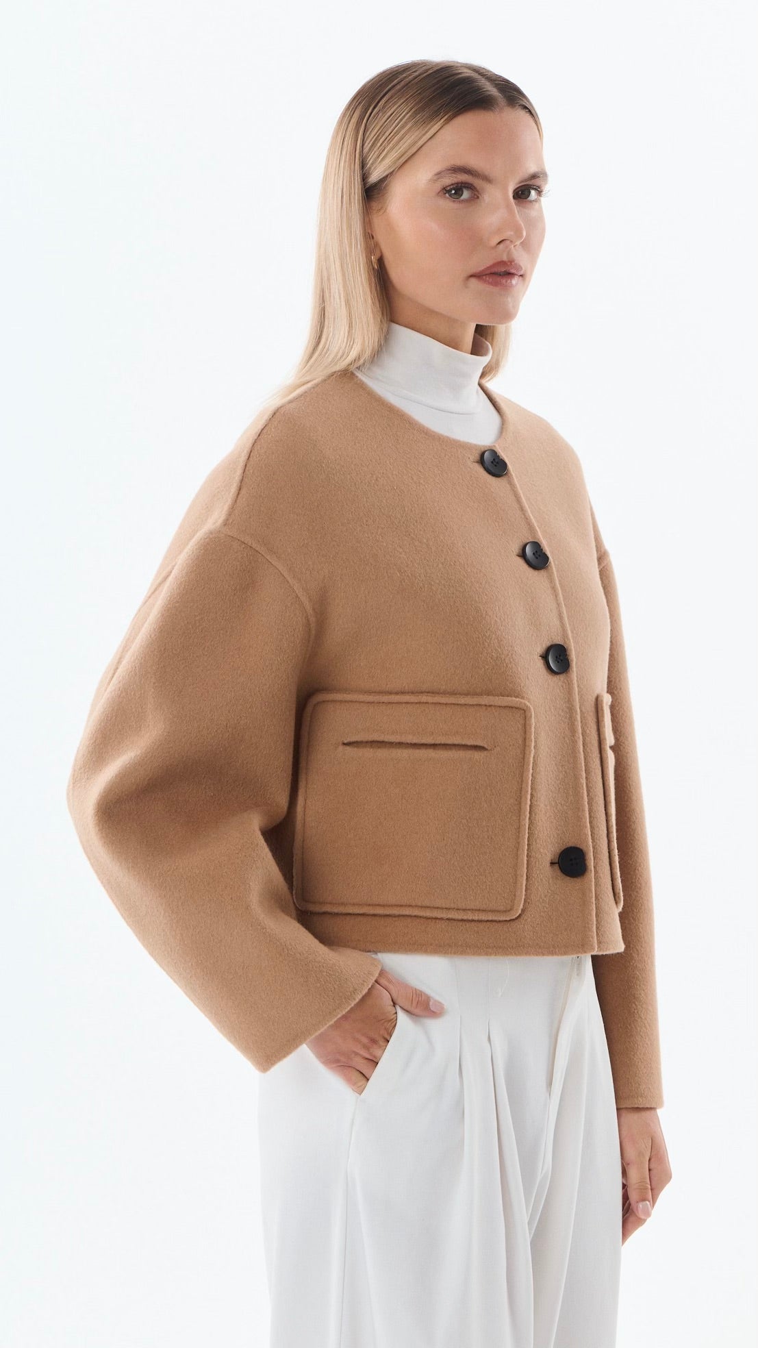 VESTE COURTE EN LAINE TISSU DOUBLE FACE POUR FEMME GIOVANNI KAREN#COLOR_CAMEL