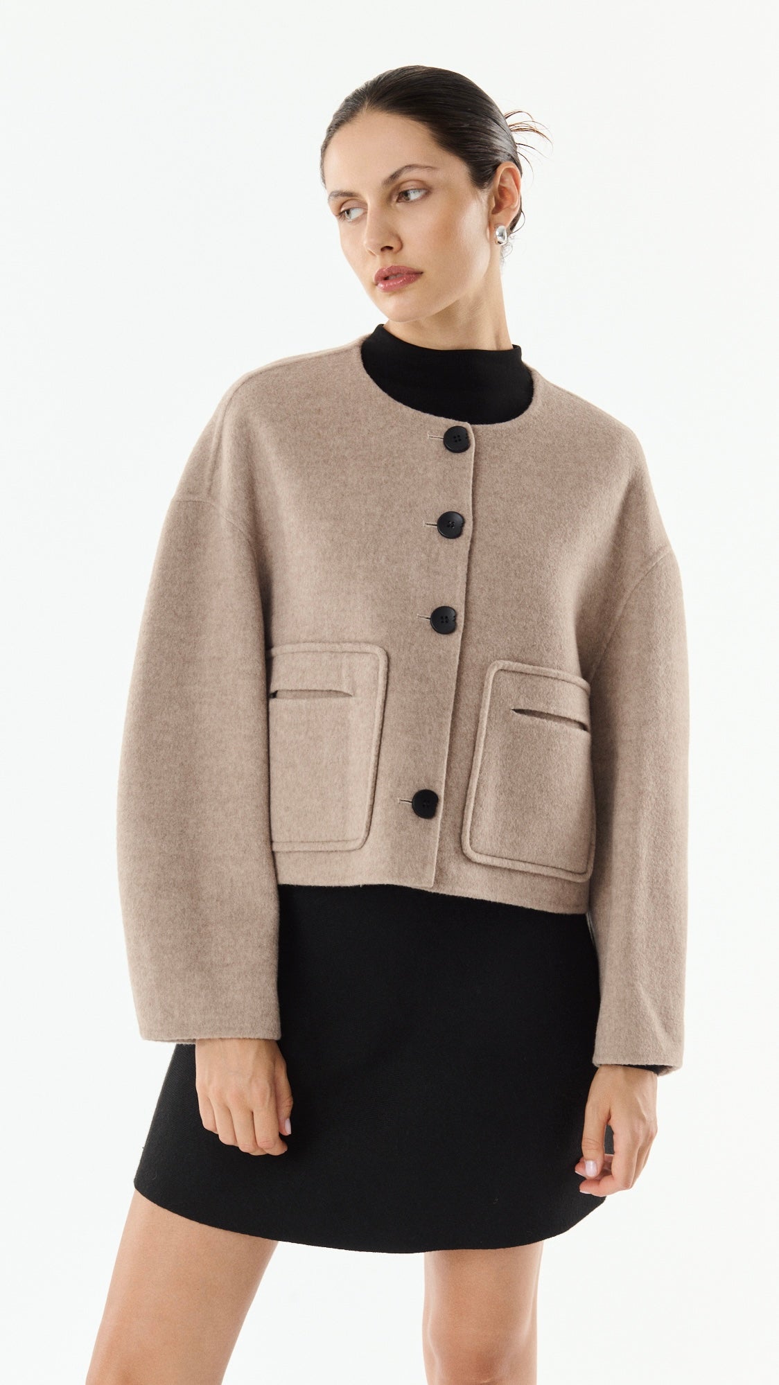 VESTE COURTE EN LAINE TISSU DOUBLE FACE POUR FEMME GIOVANNI KAREN#COLOR_TAUPE