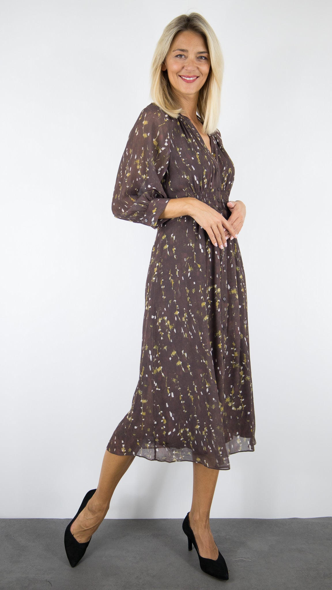 ROBE MIDI FLUIDE IMPRIME PLUMETIS CHOCOLAT BA&SH KARLA