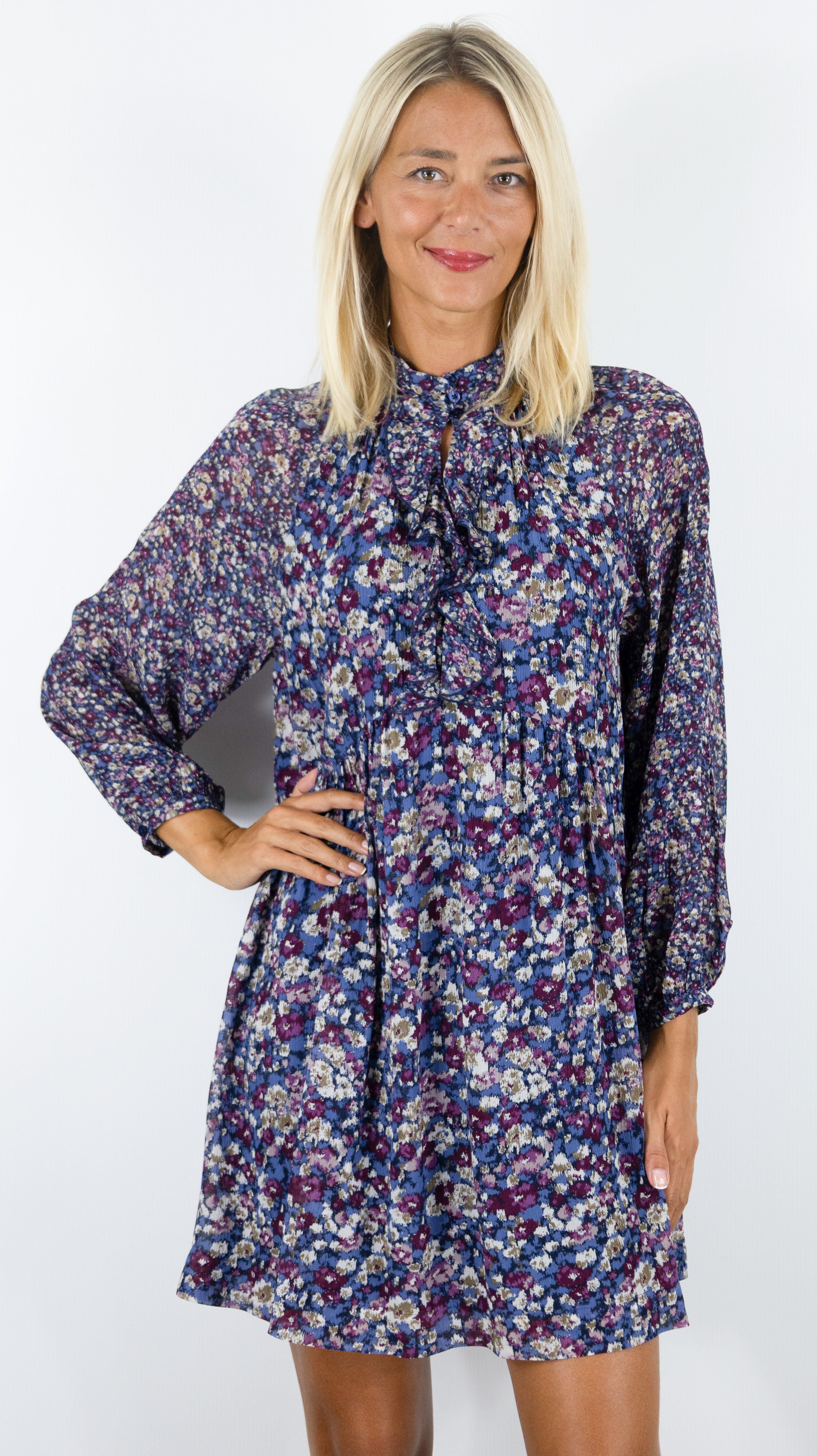 ROBE COURTE COL MONTANT FLUIDE IMPRIME FLEURI BA&SH KIMIA#COLOR_BLEU