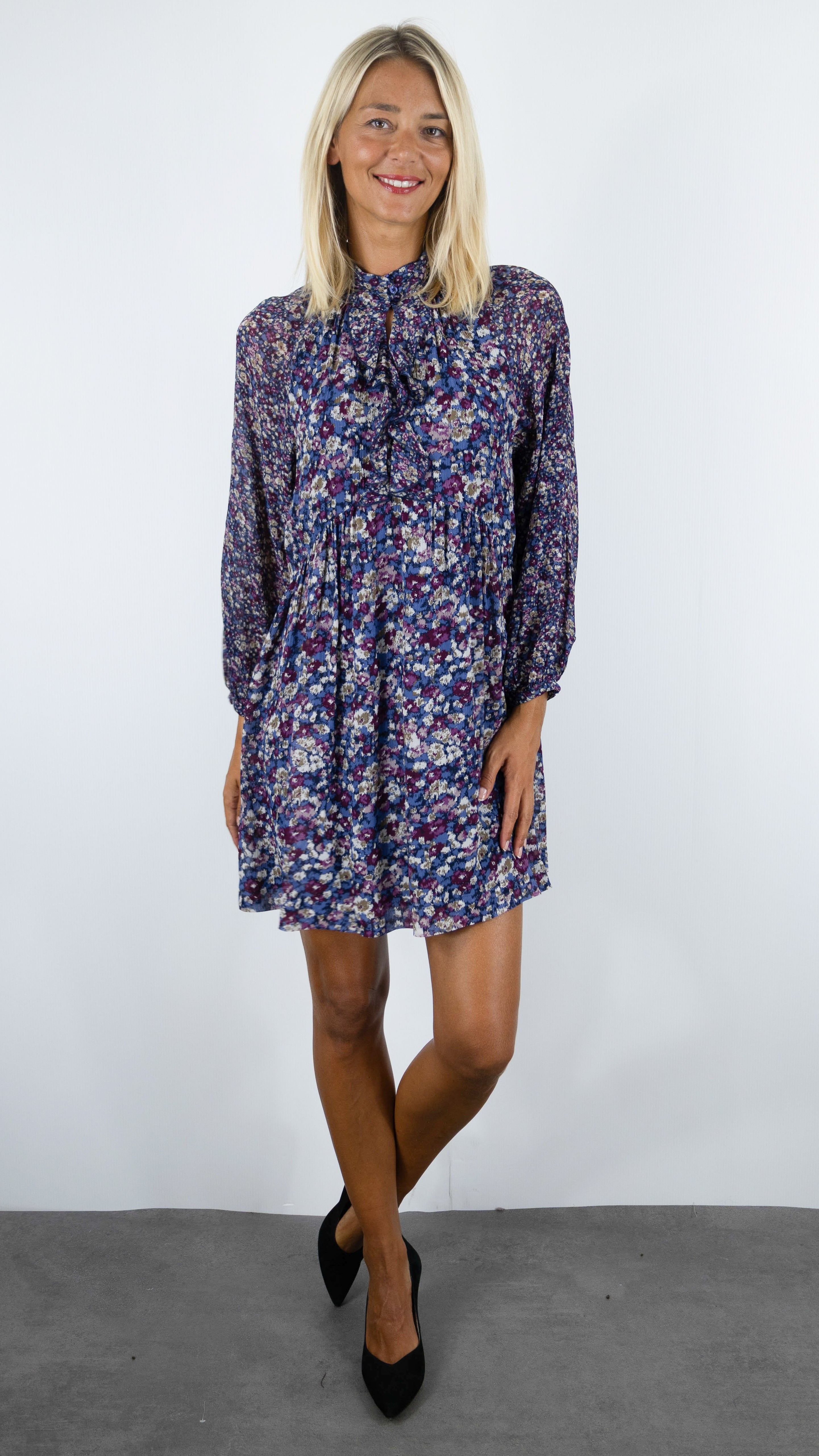 ROBE COURTE COL MONTANT FLUIDE IMPRIME FLEURI BA&SH KIMIA#COLOR_BLEU