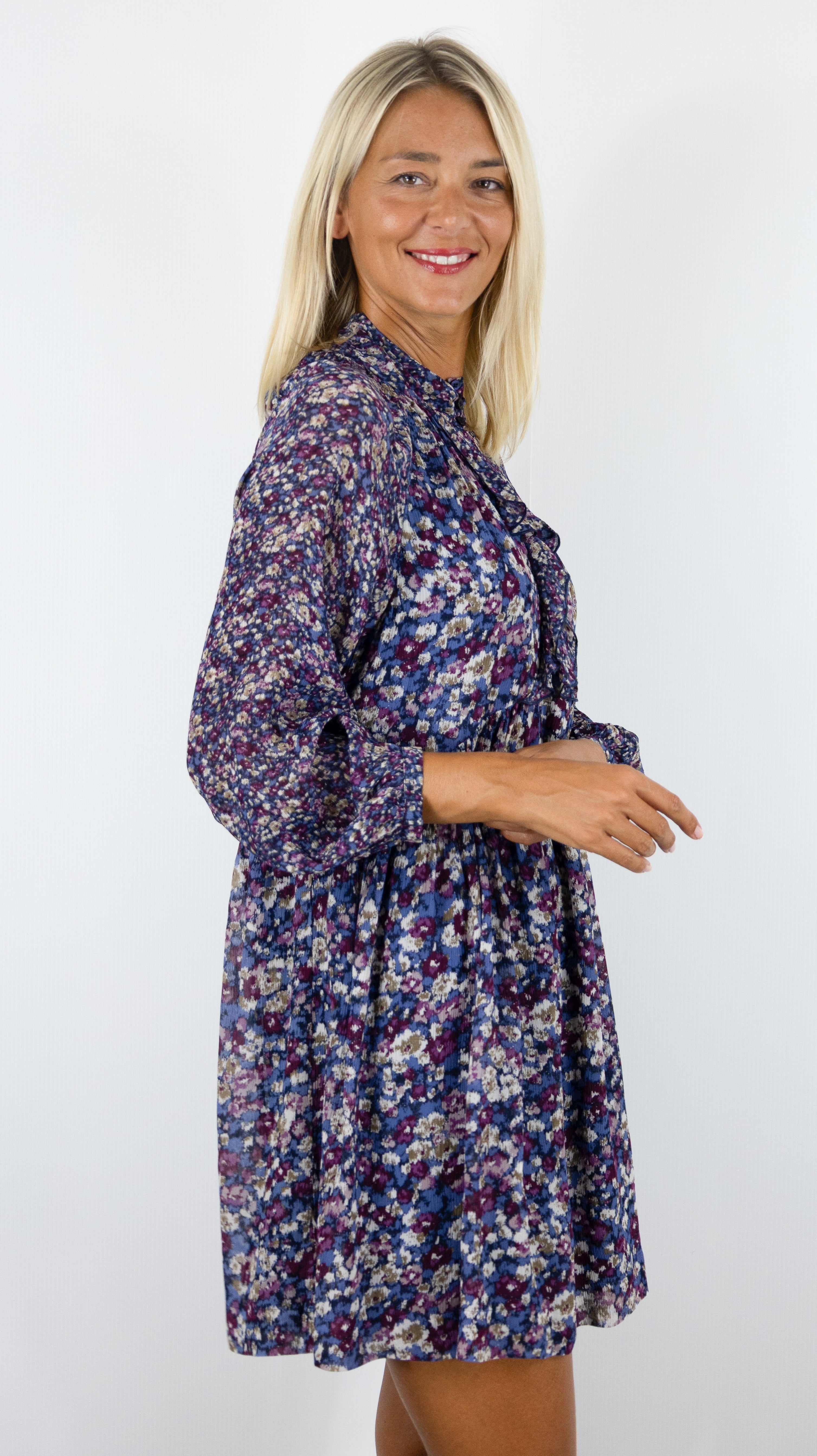 ROBE COURTE COL MONTANT FLUIDE IMPRIME FLEURI BA&SH KIMIA#COLOR_BLEU