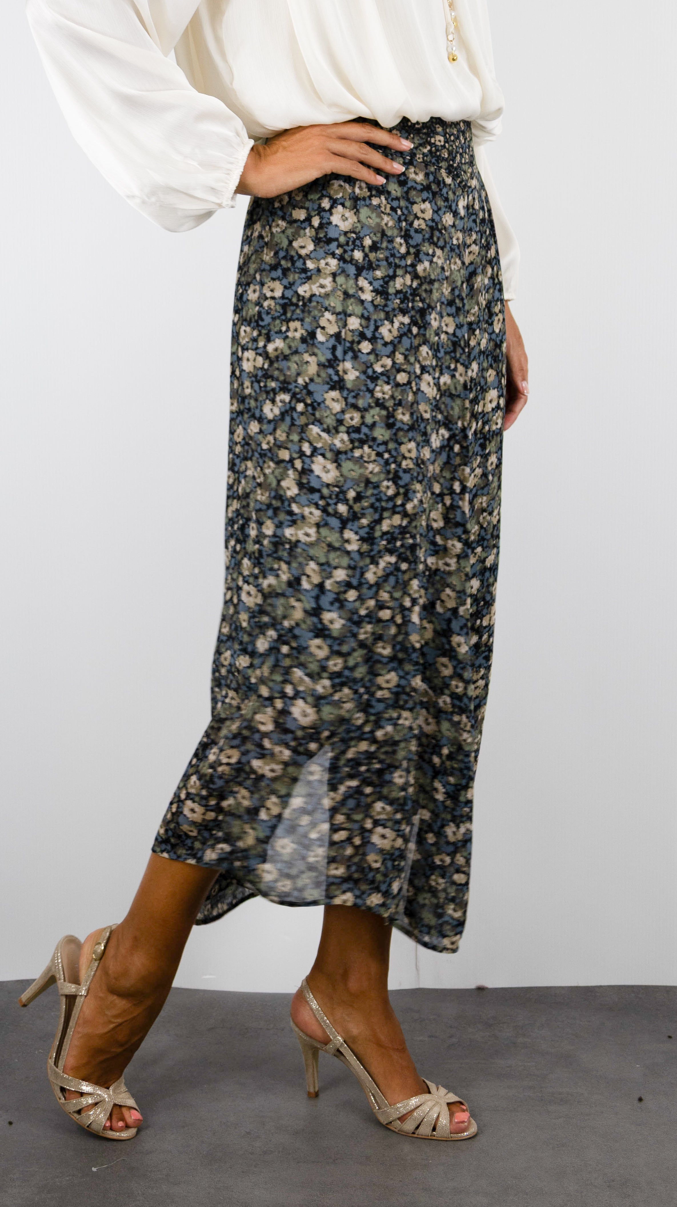 JUPE FLUIDE FLEURIE BASH KLAP#COLOR_KAKI