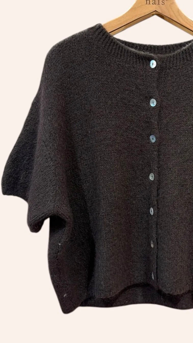CARDIGAN COURT MANCHES COURTES EN KID MOHAIR POUR FEMME NAIS KM25037#COLOR_CHOCO