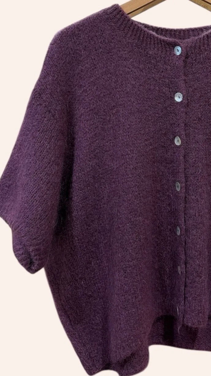 CARDIGAN COURT MANCHES COURTES EN KID MOHAIR POUR FEMME NAIS KM25037#COLOR_PRUNE