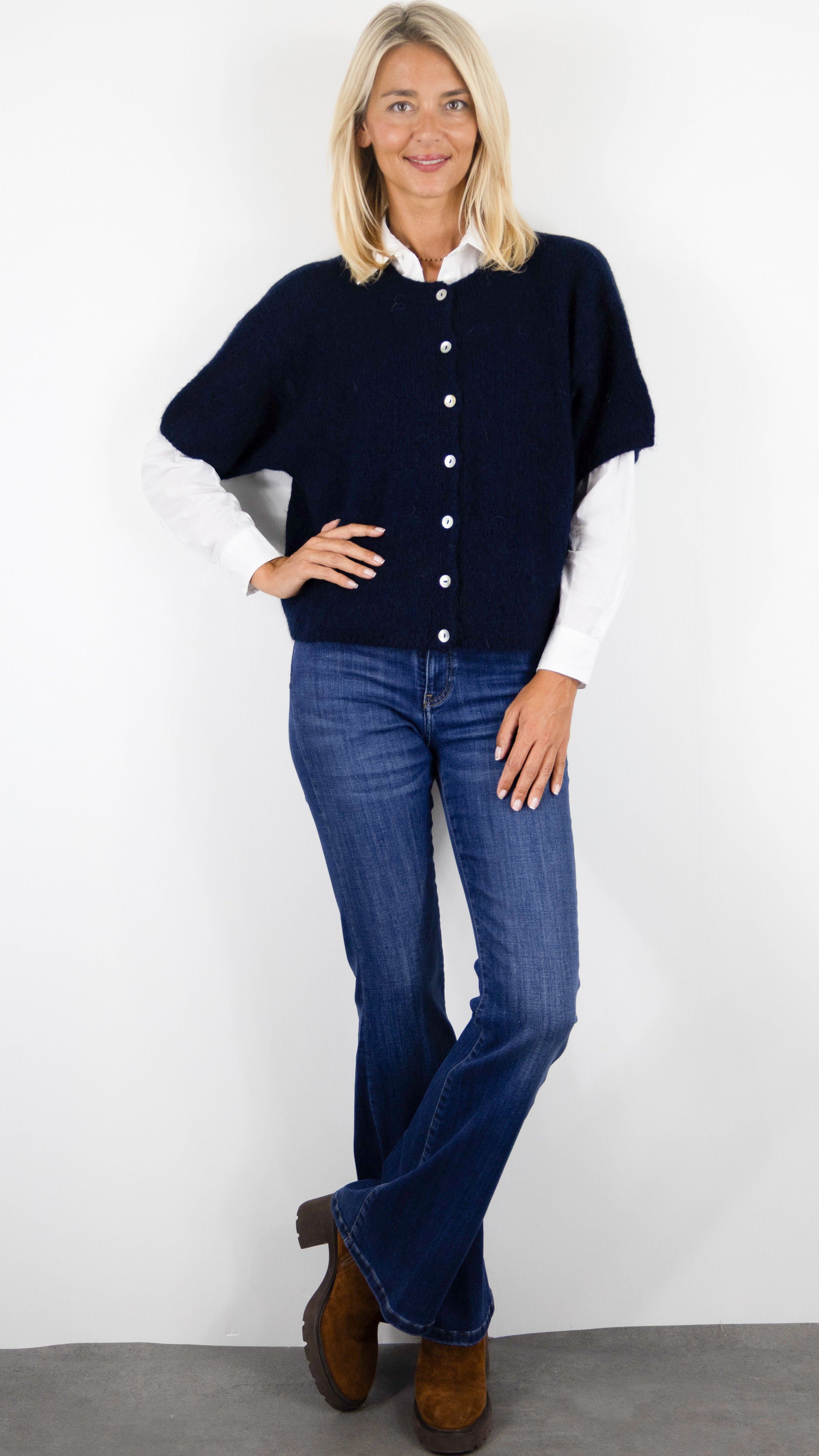 CARDIGAN COURT MANCHES COURTES EN KID MOHAIR POUR FEMME NAIS KM25037#COLOR_MARINE