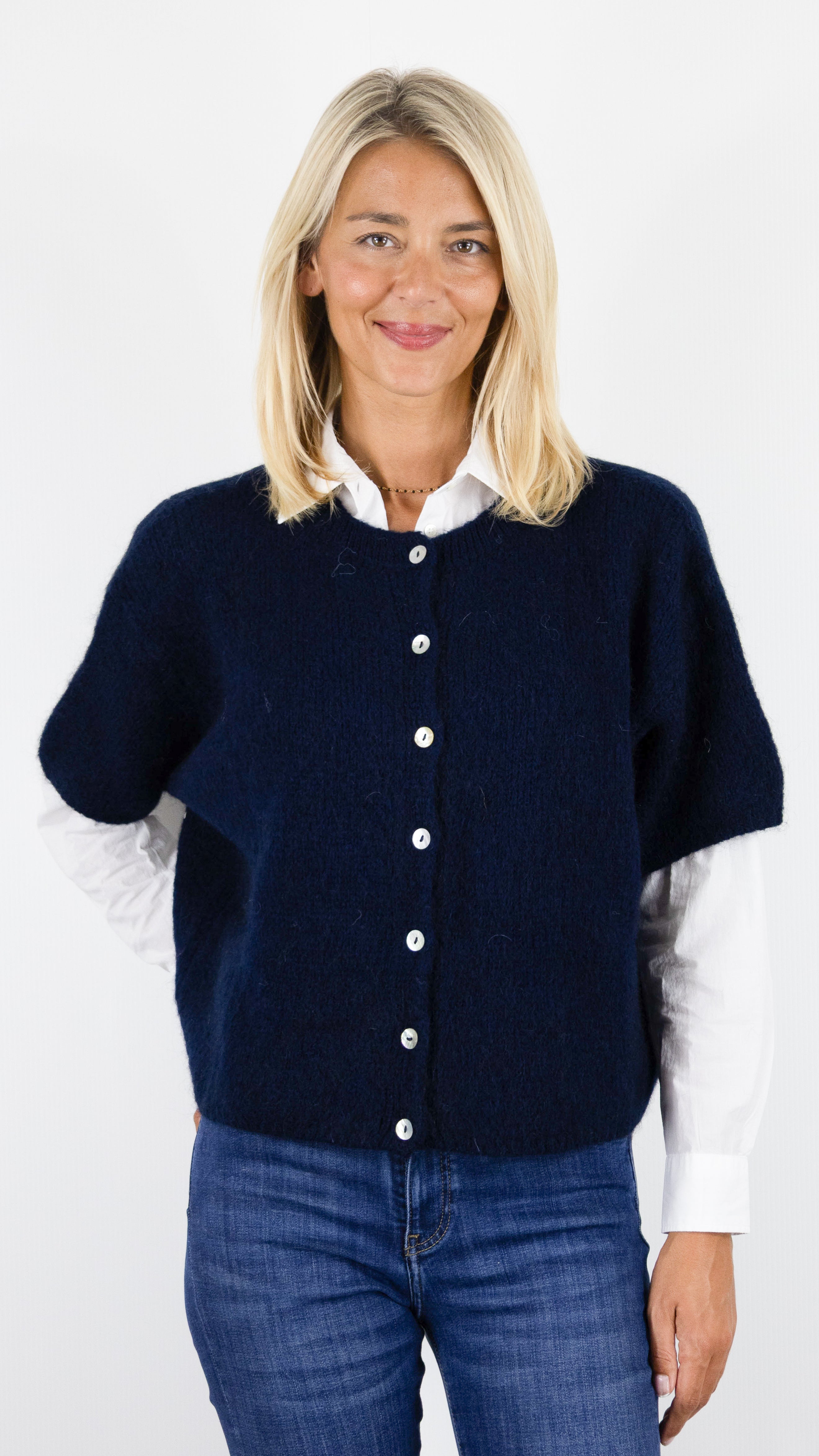 CARDIGAN COURT MANCHES COURTES EN KID MOHAIR POUR FEMME NAIS KM25037#COLOR_MARINE