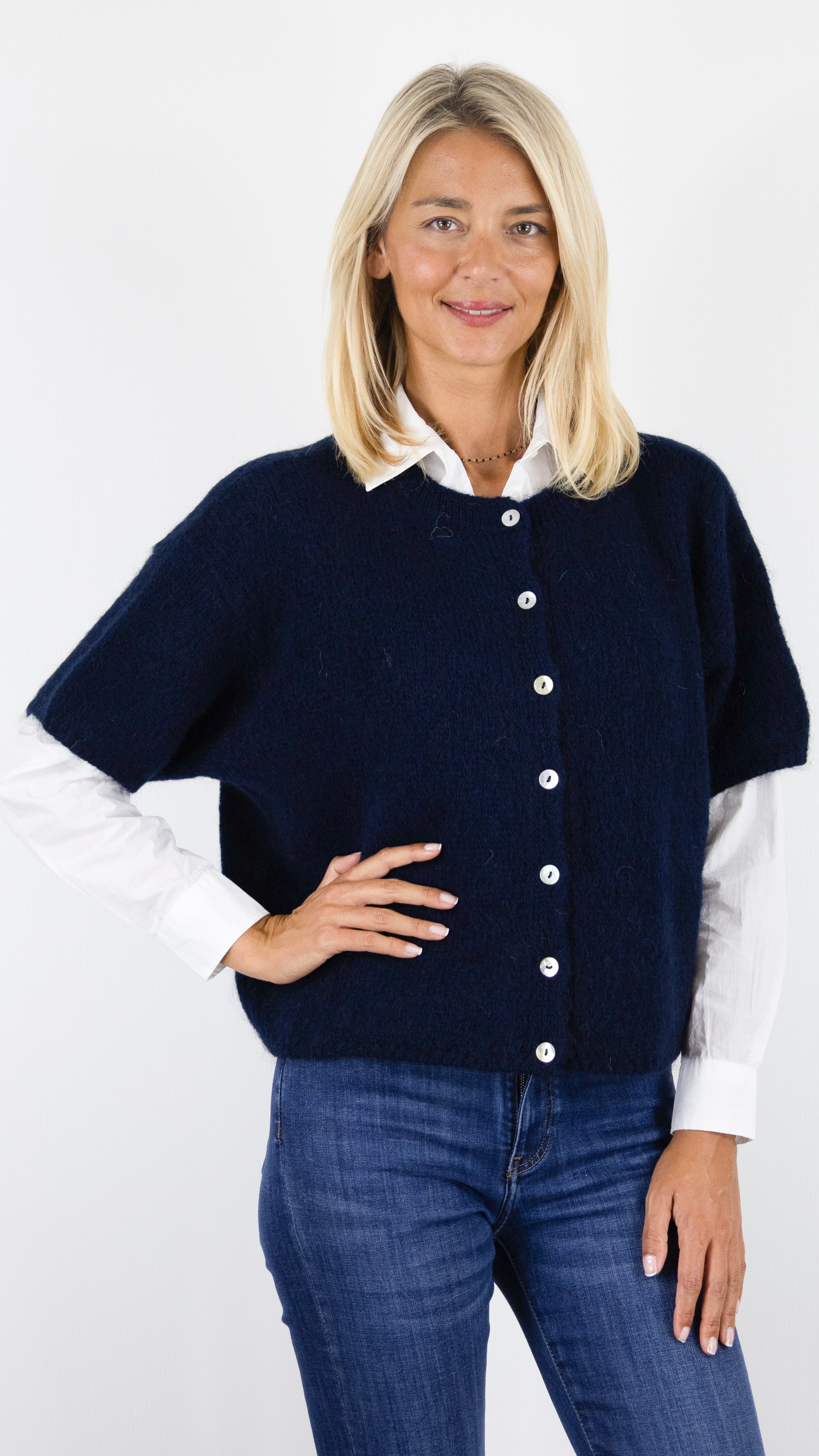 CARDIGAN COURT MANCHES COURTES EN KID MOHAIR POUR FEMME NAIS KM25037#COLOR_MARINE