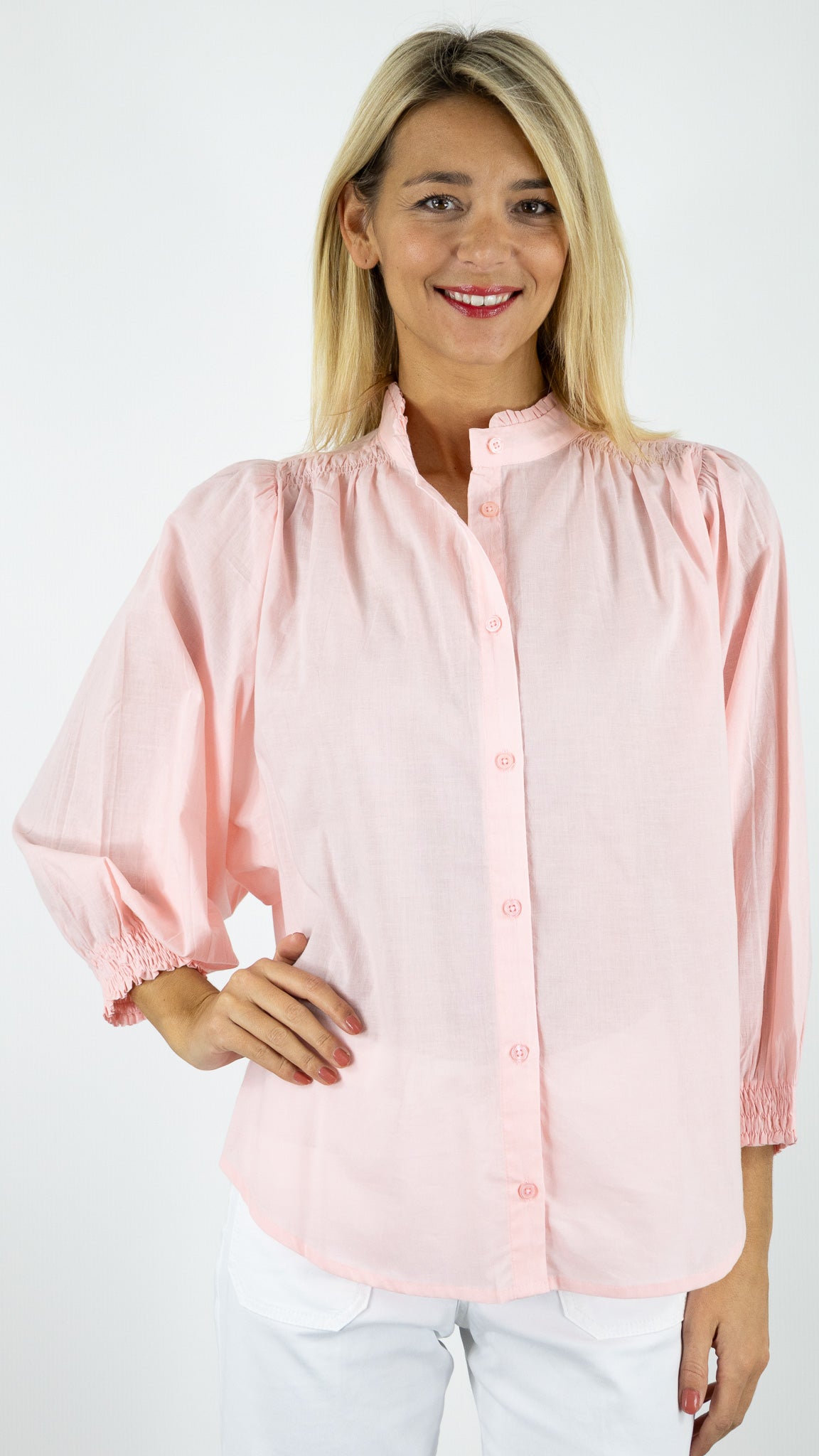 BLOUSE VOLANTEE EN COTON LUK AP L1026#COLOR_ROSE