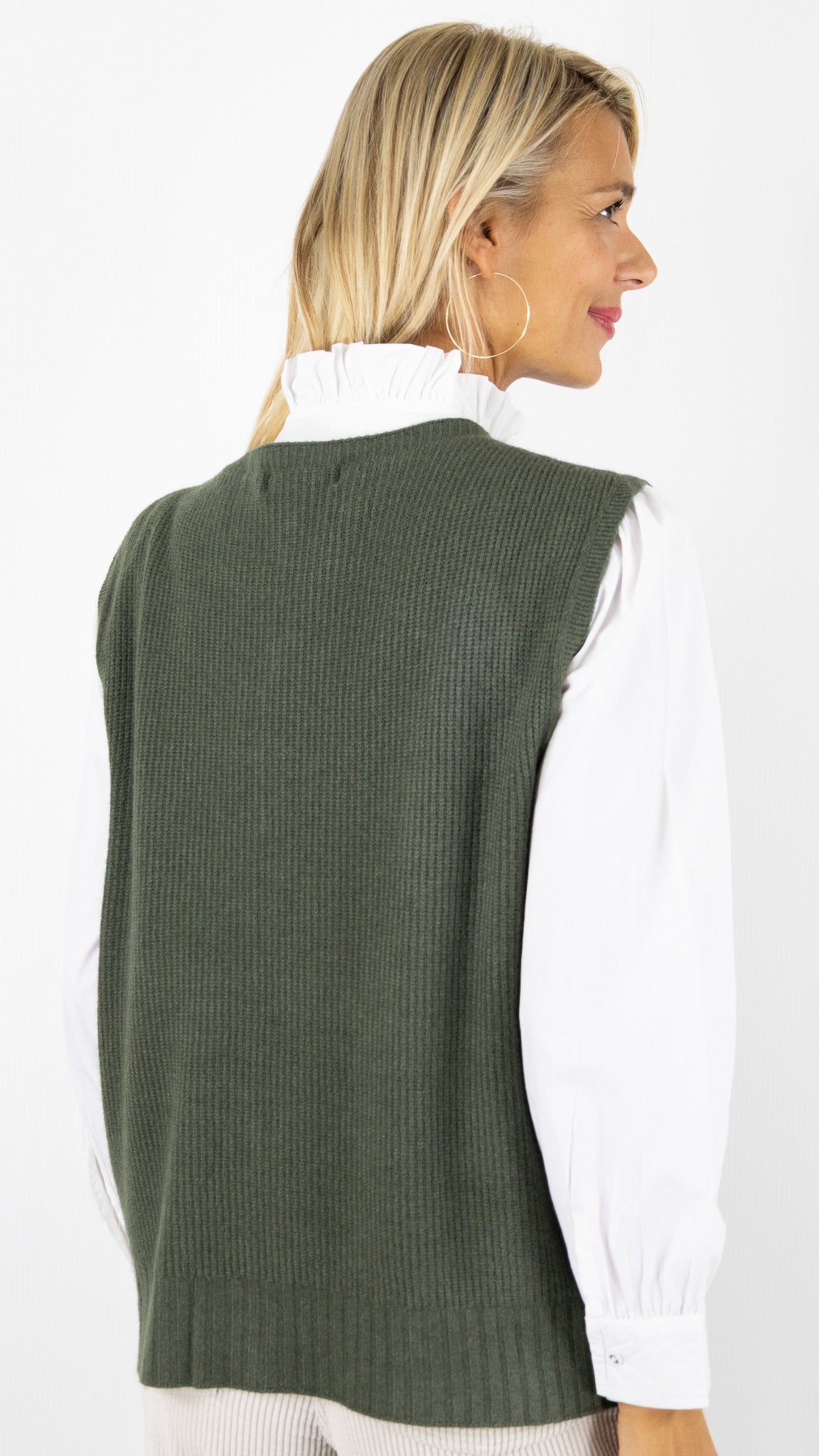 GILET LONG BOUTONNE SANS MANCHES ALEXANDRE LAURENT L8426#COLOR_MILITAIRE/KAKI