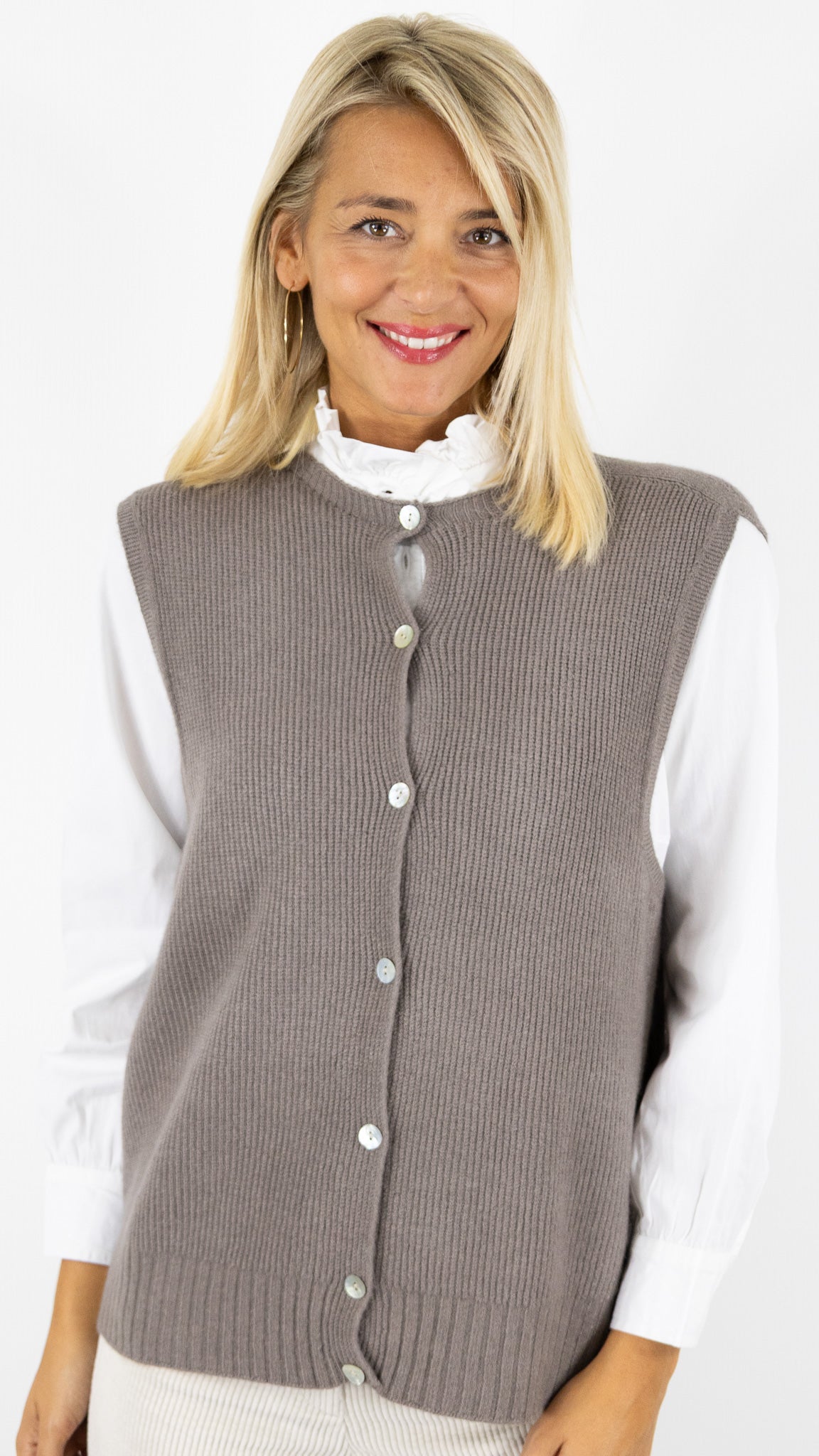 GILET LONG BOUTONNE SANS MANCHES ALEXANDRE LAURENT L8426#COLOR_TORTORA/TAUPE