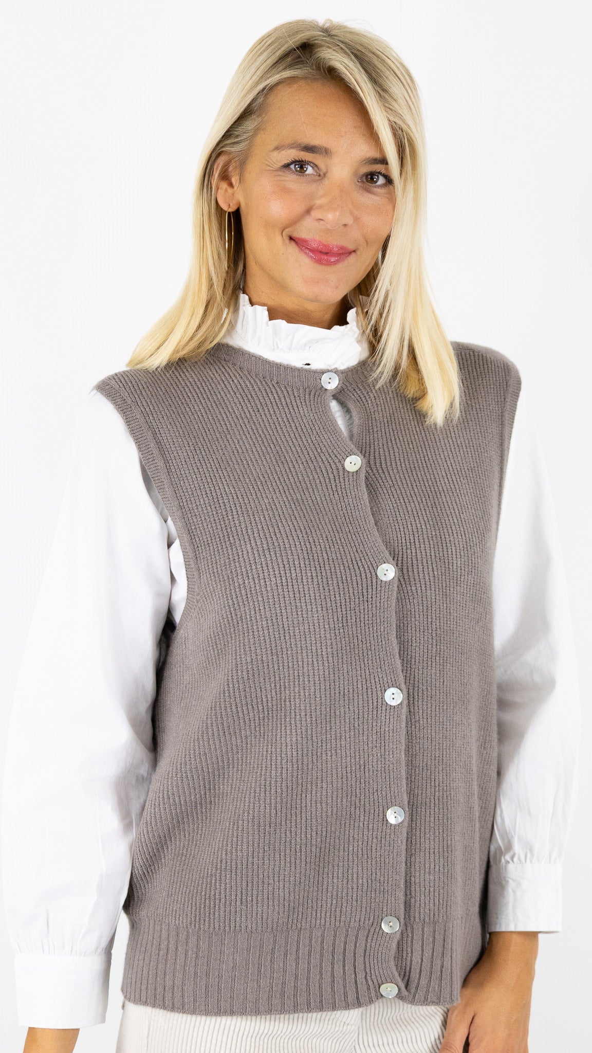 GILET LONG BOUTONNE SANS MANCHES ALEXANDRE LAURENT L8426#COLOR_TORTORA/TAUPE