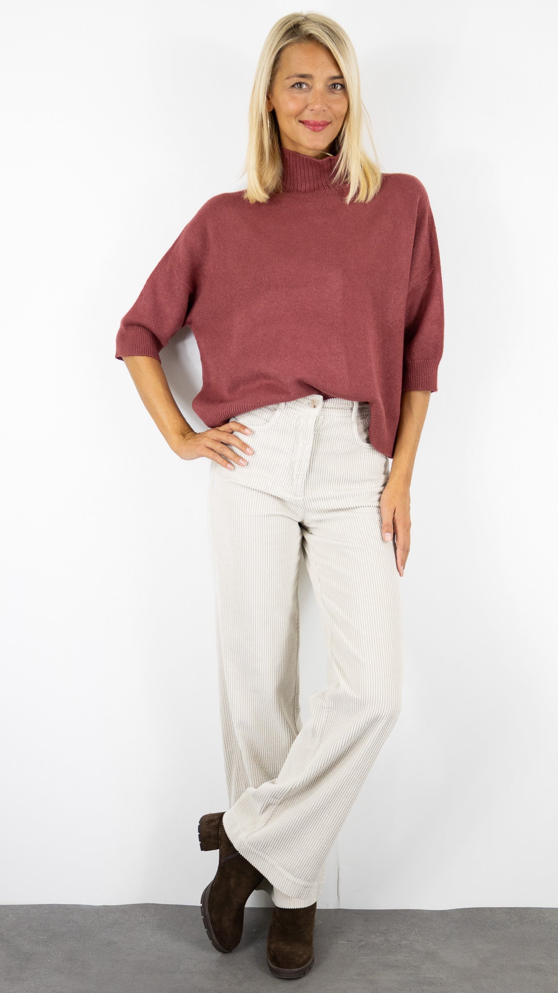PULL COL CHEMINEE MANCHES 3/4 ALEXANDRE LAURENT L8427#COLOR_CHILI/BRIQUE