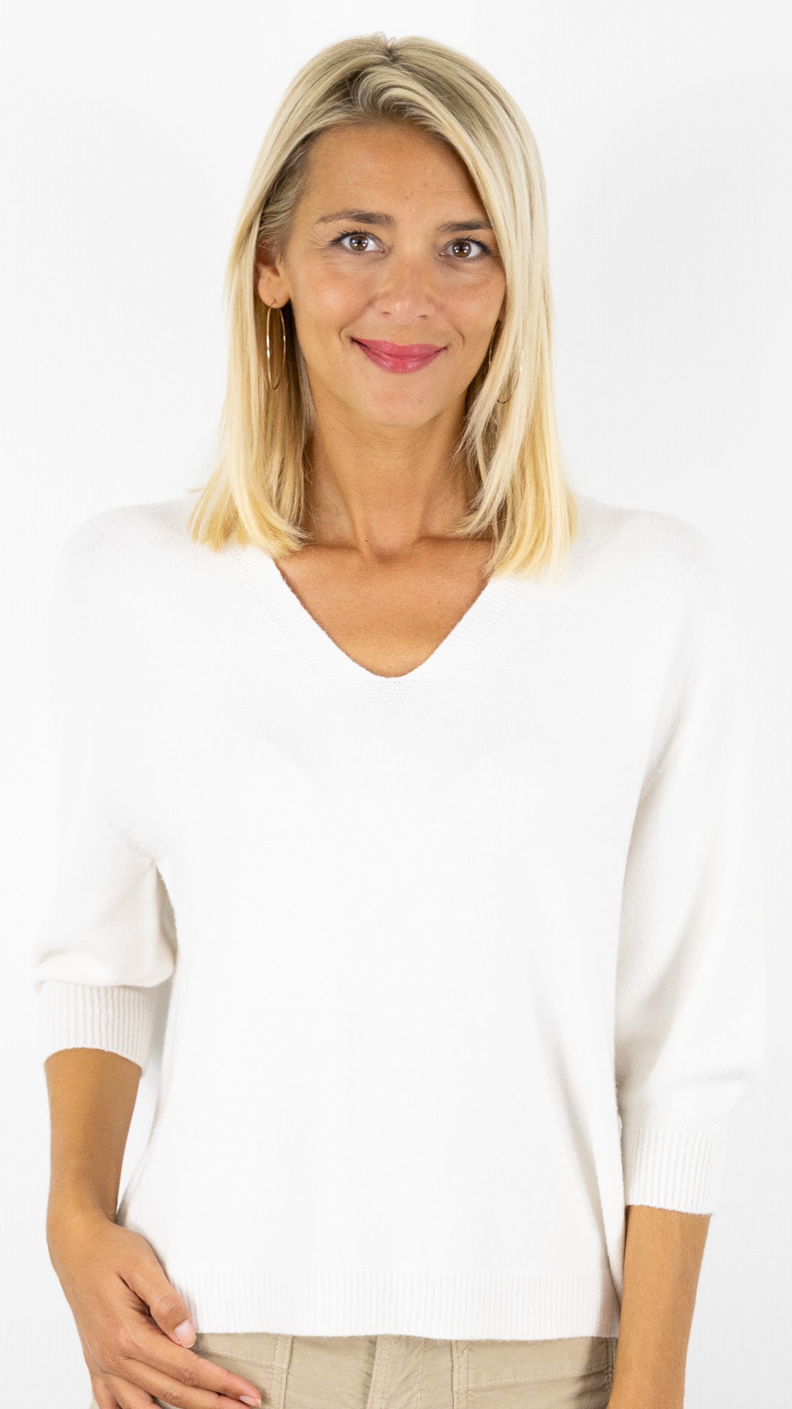 PULL V MANCHES 3/4  ALEXANDRE LAURENT L8434#COLOR_ECRU