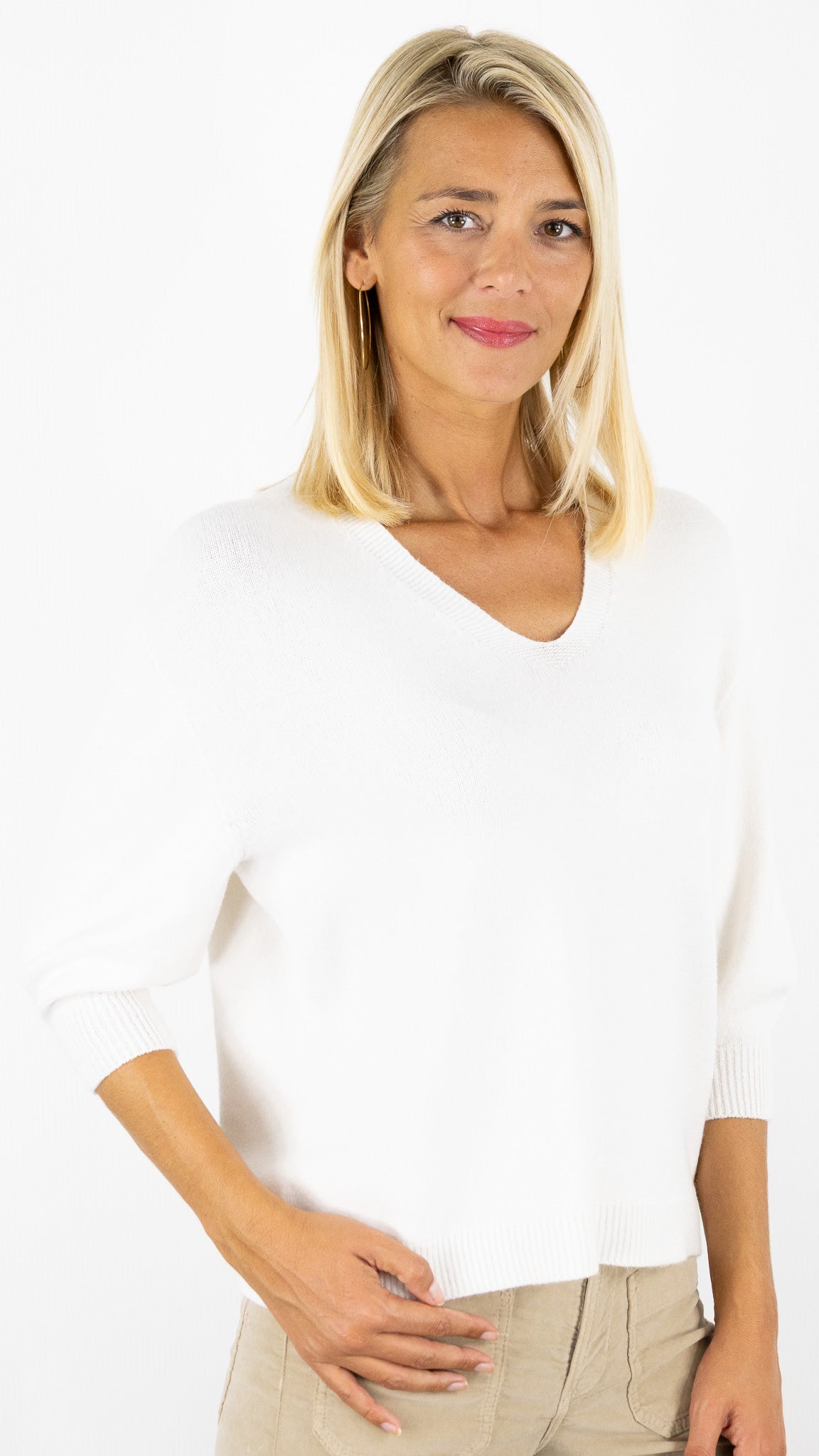PULL V MANCHES 3/4  ALEXANDRE LAURENT L8434#COLOR_ECRU