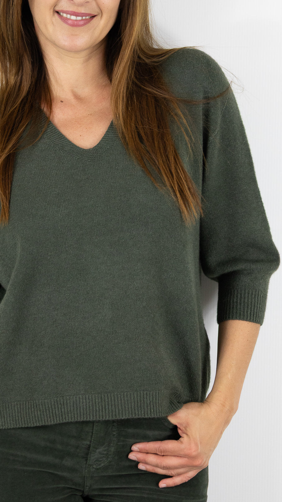 PULL V MANCHES 3/4  ALEXANDRE LAURENT L8434#COLOR_MILITAIRE/KAKI