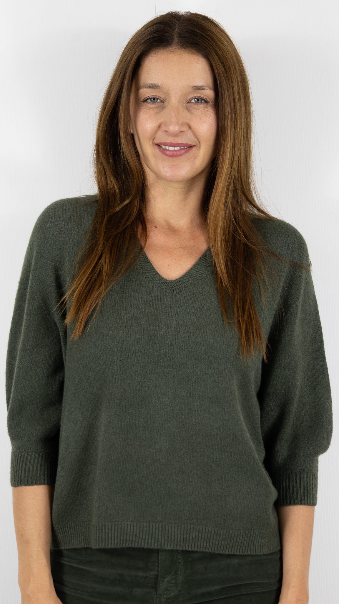 PULL V MANCHES 3/4  ALEXANDRE LAURENT L8434#COLOR_MILITAIRE/KAKI