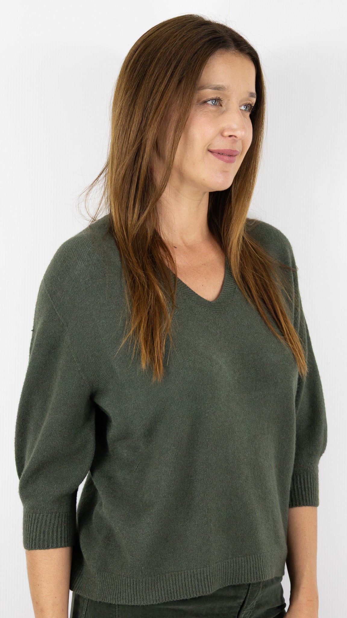 PULL V MANCHES 3/4  ALEXANDRE LAURENT L8434#COLOR_MILITAIRE/KAKI
