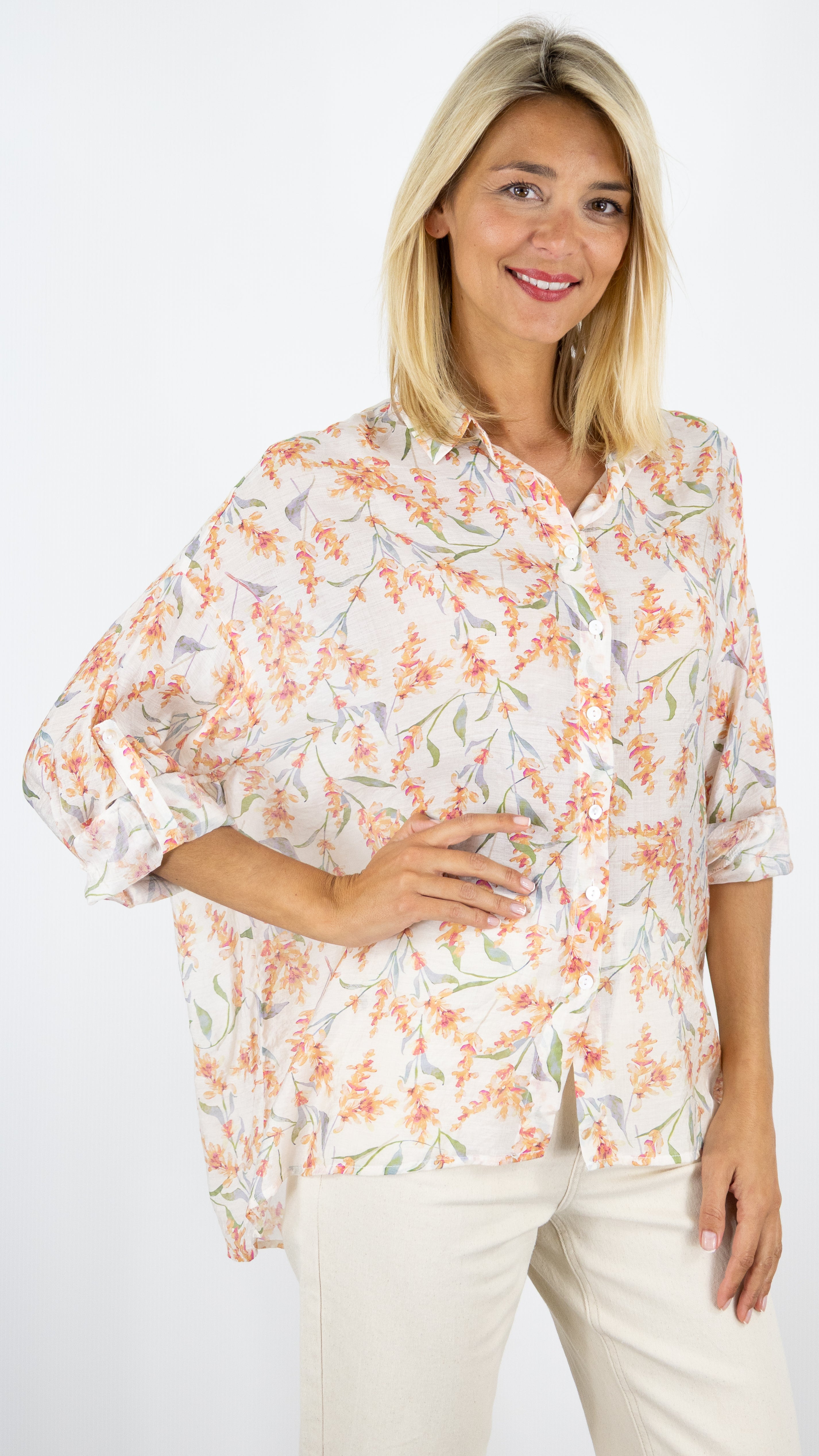 CHEMISE LEGERE AMPLE IMPRIME FLEURI MAMOUCHKA LA3778 ECRU ORANGE