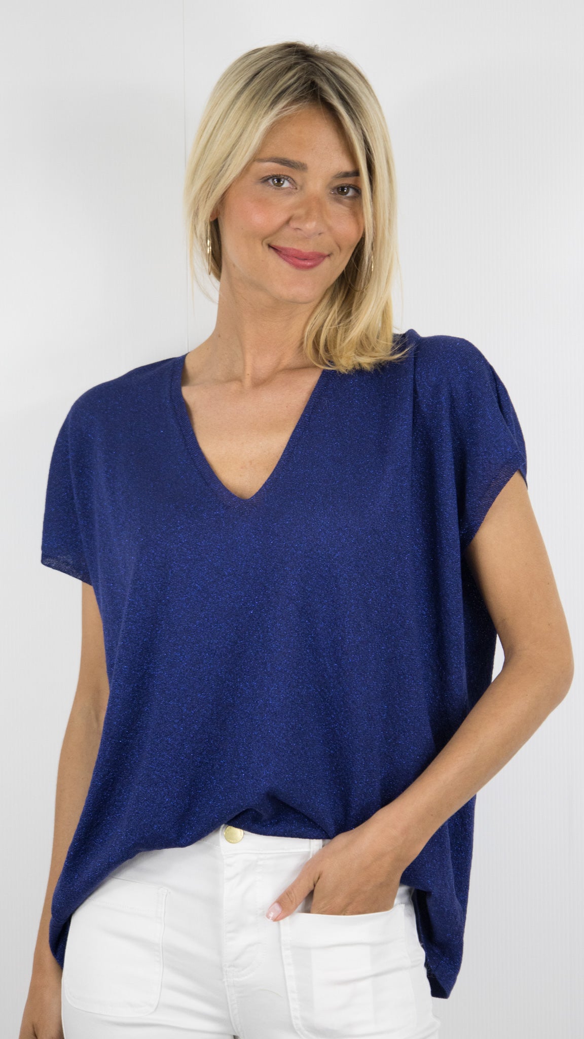 PULL A PAILLETTES DORE COL V MANCHES COURTES AN'GE LANDREW#COLOR_MARINE