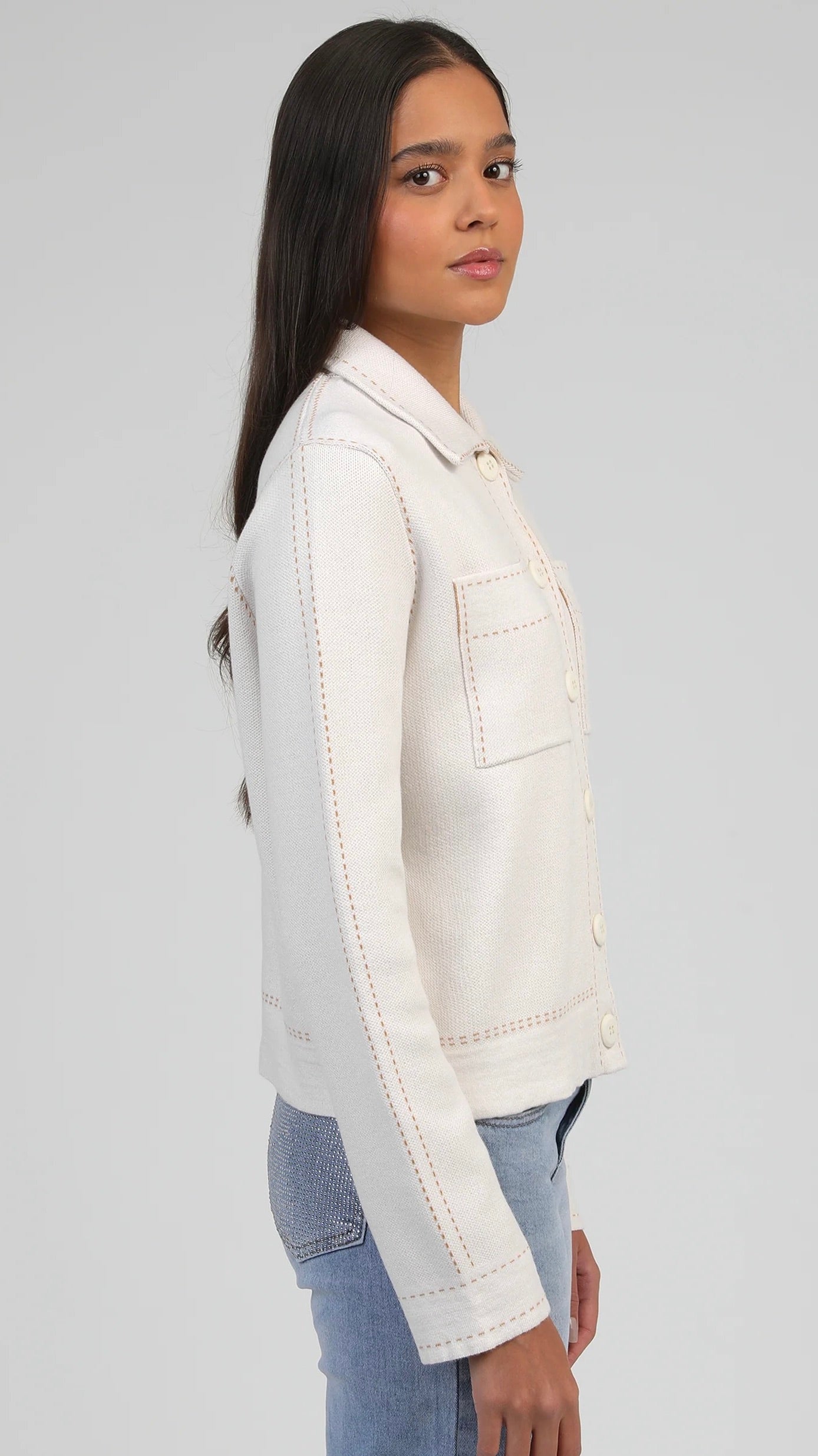 GILET CARDIGAN COL POLO EN COTON  AN'GE LECLINT#COLOR_ECRU