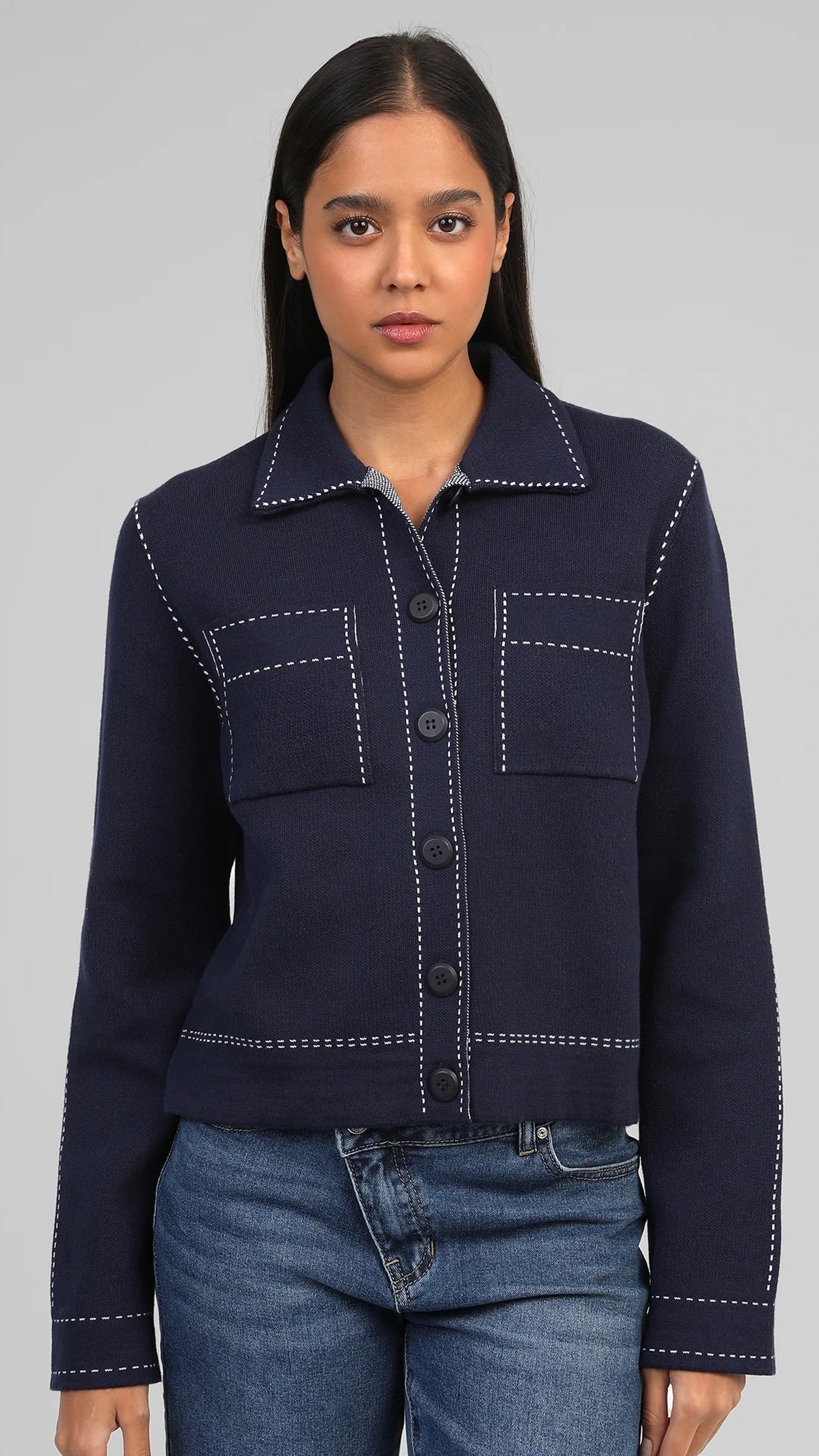 GILET CARDIGAN COL POLO EN COTON  AN'GE LECLINT#COLOR_MARINE