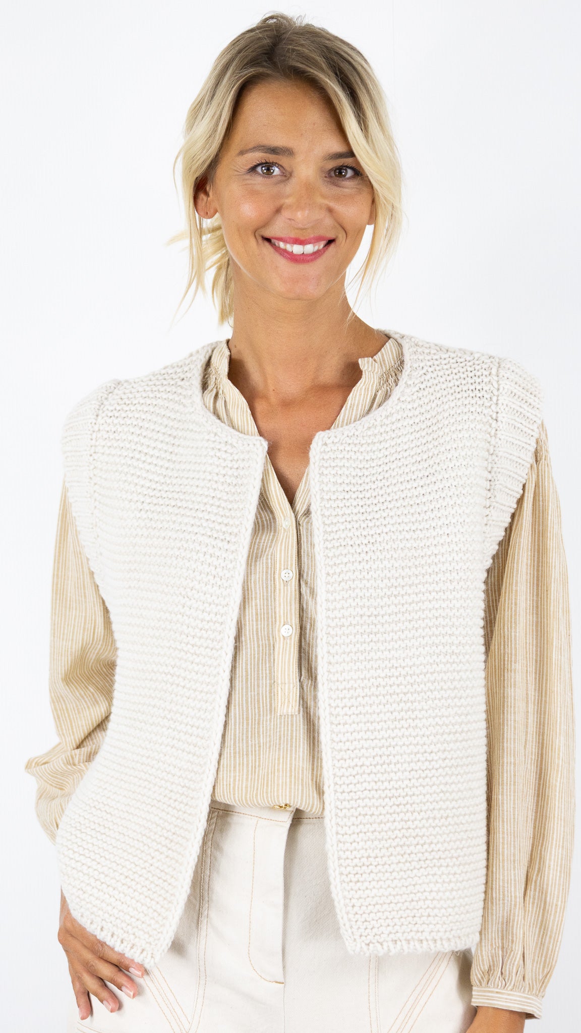 GILET SANS MANCHES GROSSE MAILLE FEMME AN'GE LEGRINGOU#COLOR_ECRU