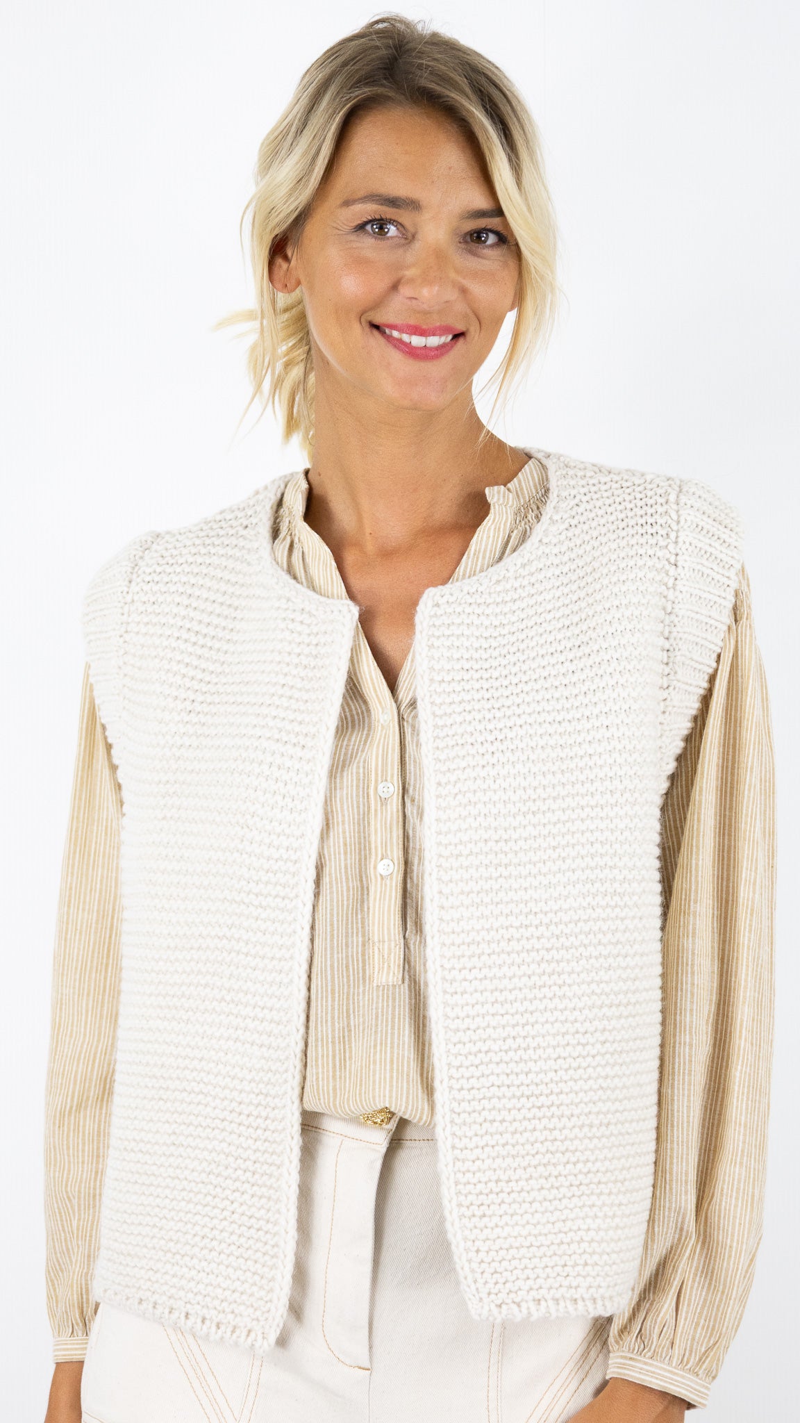 GILET SANS MANCHES GROSSE MAILLE FEMME AN'GE LEGRINGOU#COLOR_ECRU