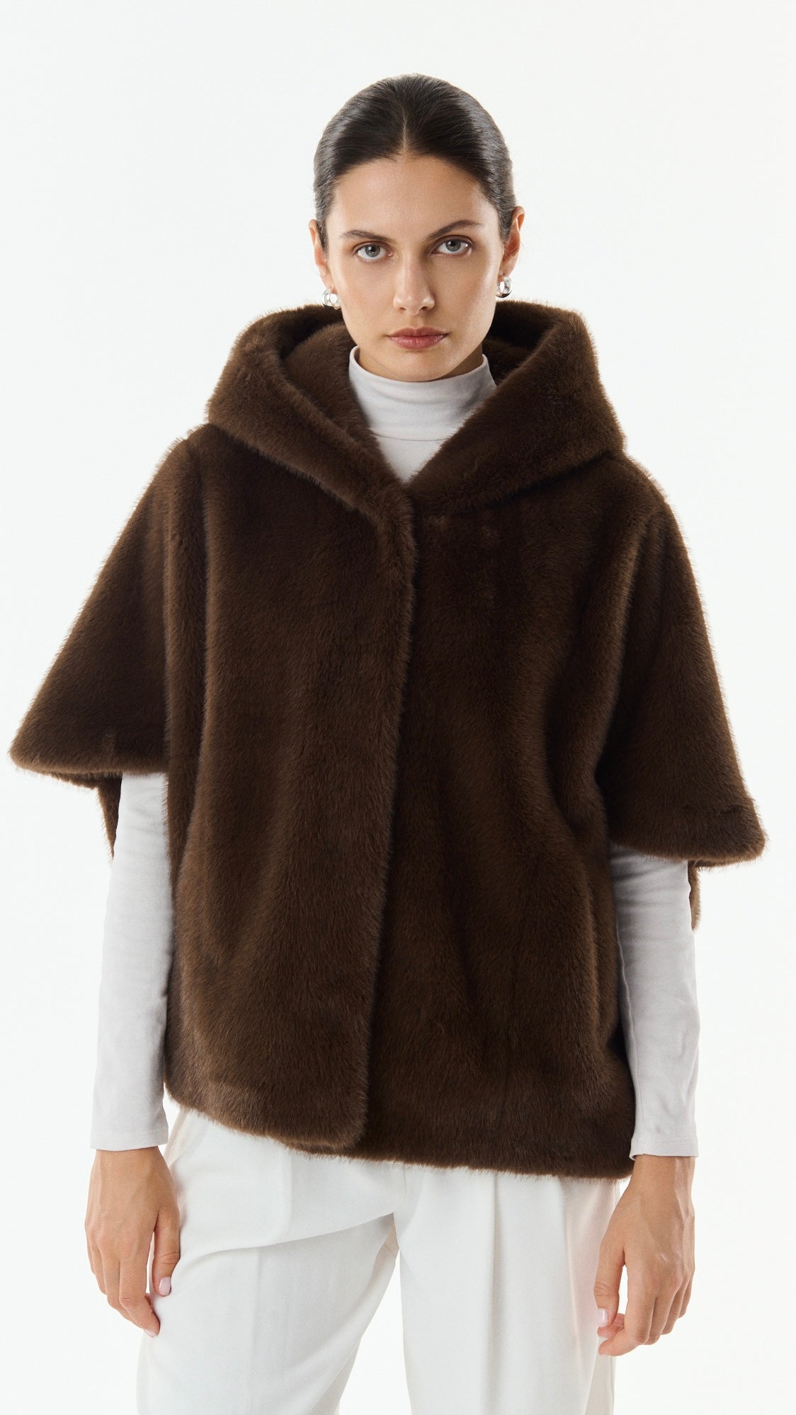 CAPE EN FAUSSE FOURRURE A CAPUCHE POUR FEMME GIOVANNI LEONIE#COLOR_MARRON