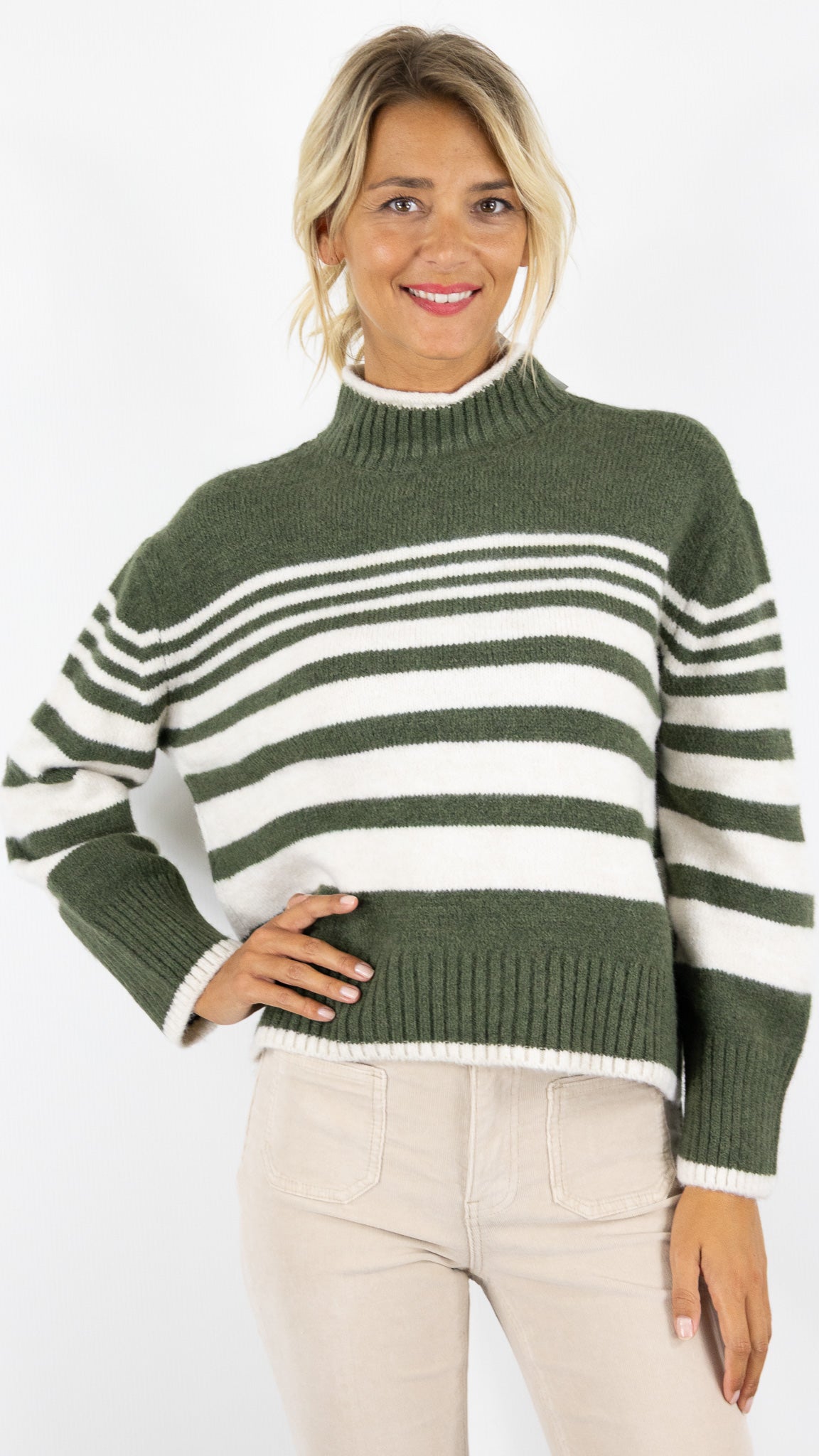 PULL col cheminée raye pour femme AN'GE LERONI#COLOR_RAYE KAKI