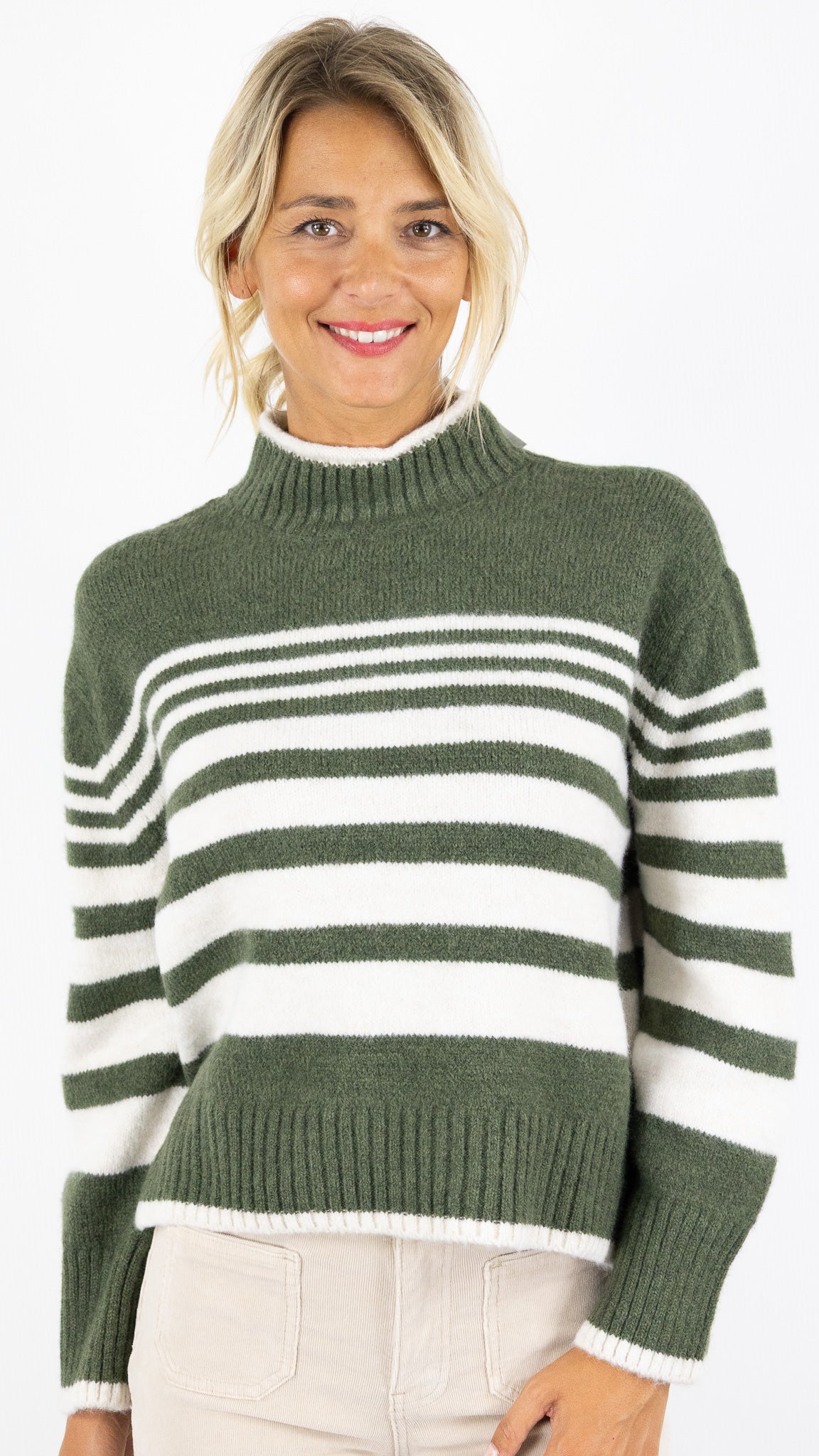 PULL col cheminée raye pour femme AN'GE LERONI#COLOR_RAYE KAKI